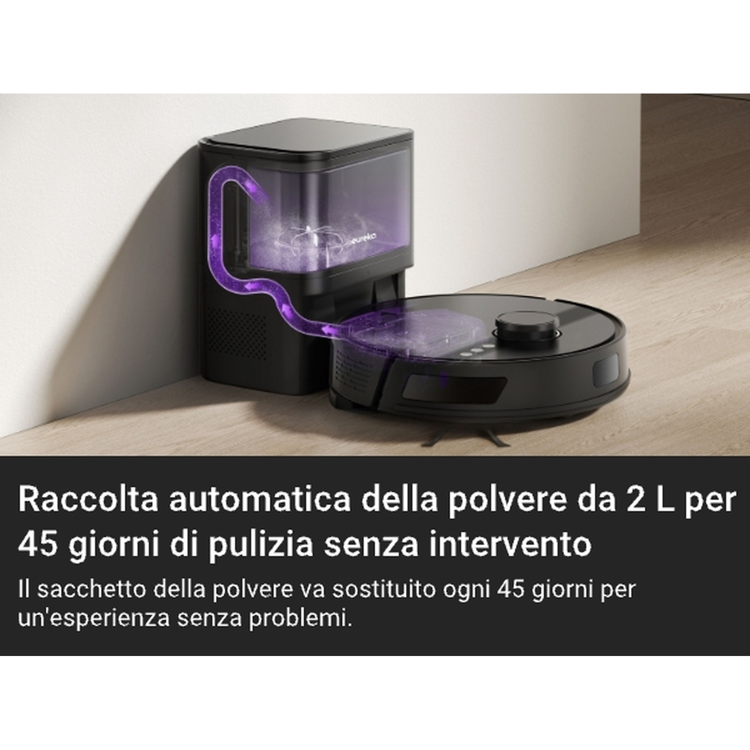 Un aspirapolvere robot nero e una stazione di ricarica. L'aspirapolvere è sul pavimento. Una linea viola mostra la raccolta della polvere.