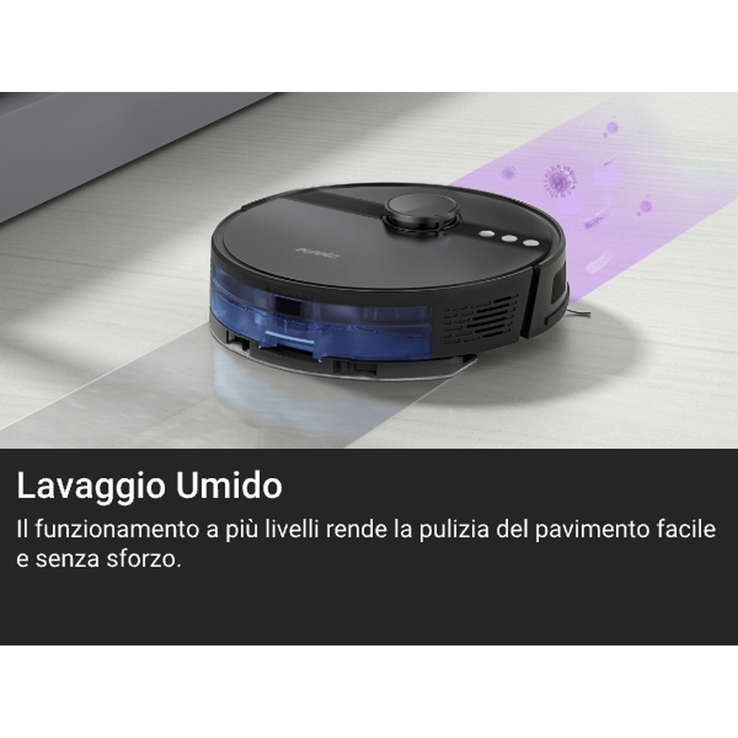 Un aspirapolvere robotico nero pulisce un pavimento grigio chiaro. Particelle viola e un blocco di testo evidenziano la pulizia.