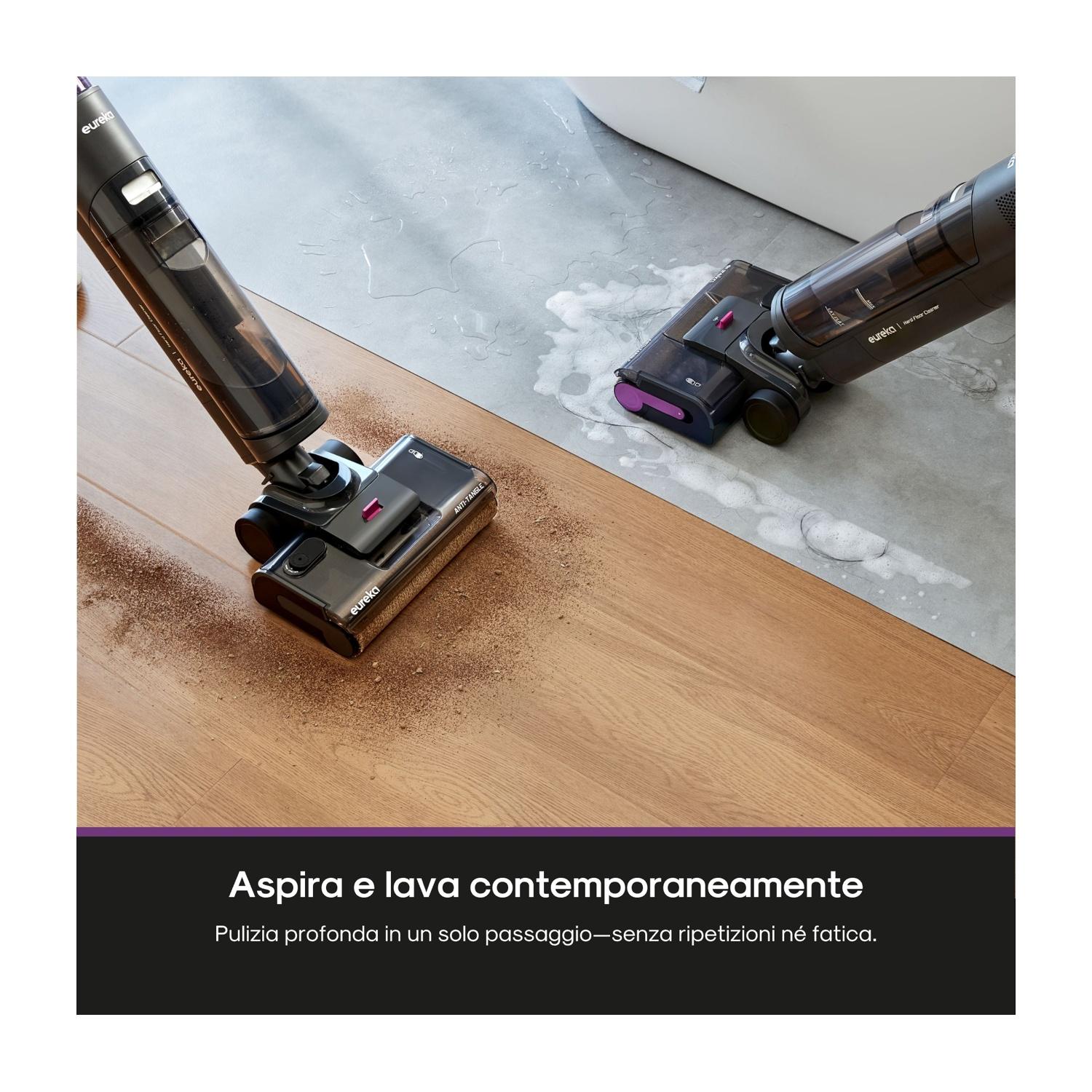 Un aspirapolvere Eureka nero e grigio pulisce pavimenti in legno e piastrelle grigie. Sporco e acqua sono visibili sulle superfici.