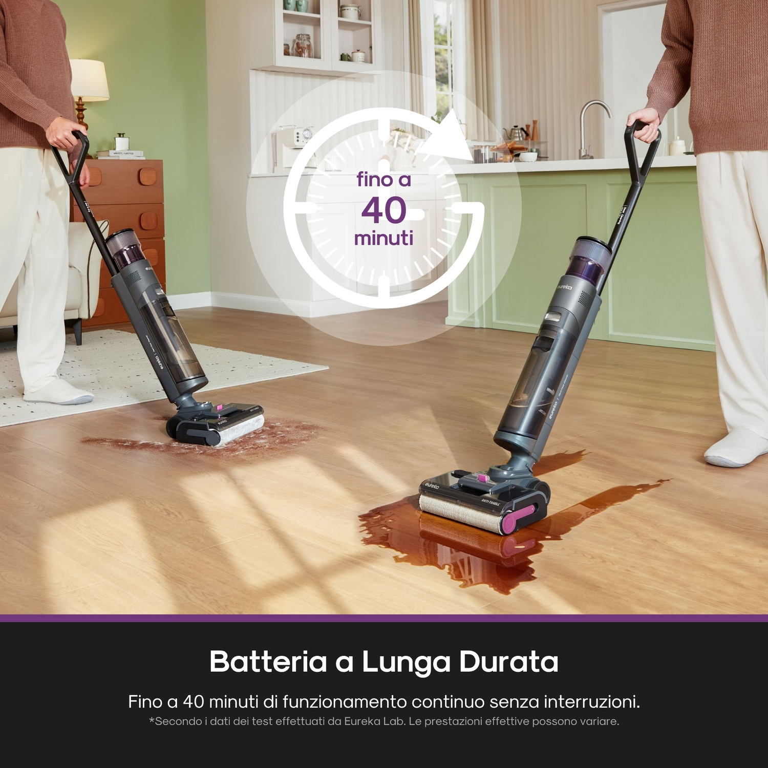 Due persone azionano aspirapolveri su un pavimento in legno. Un grafico indica 40 minuti di durata della batteria. Testo: Batteria a lunga durata.