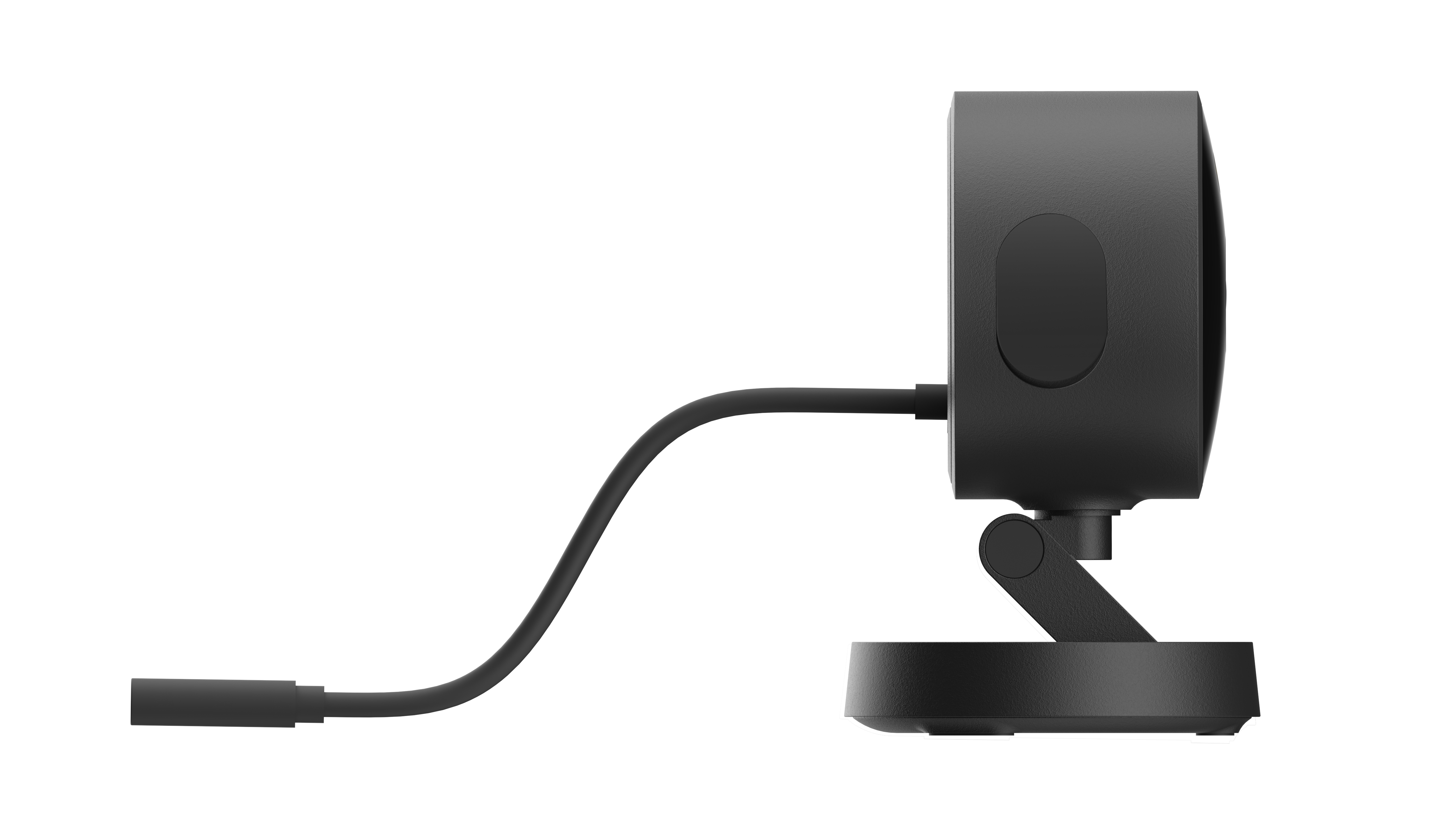 Eine schwarze Webcam mit Kabel, Knopf und Ständer auf schwarzem Hintergrund. Die Webcam ist im Seitenprofil.
