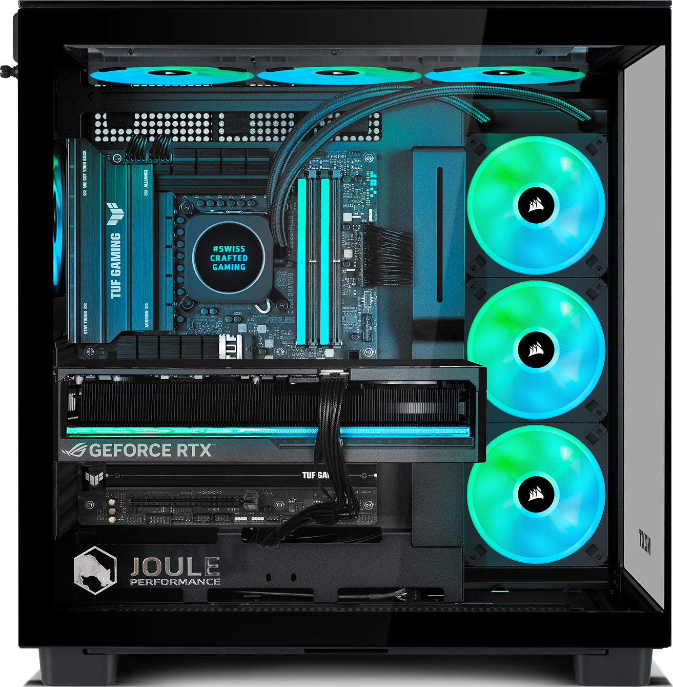Un boîtier d'ordinateur avec vitre révèle composants : GPU, ventilateurs avec lumières bleu/vert, et un refroidisseur CPU.