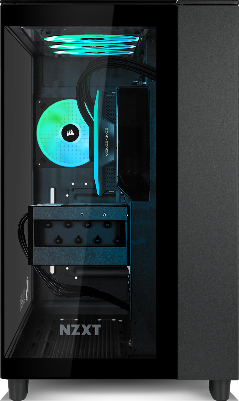 Un boîtier d'ordinateur avec un panneau latéral en verre affichant des composants internes comme un ventilateur, un refroidisseur liquide et un logo 'NZXT'.
