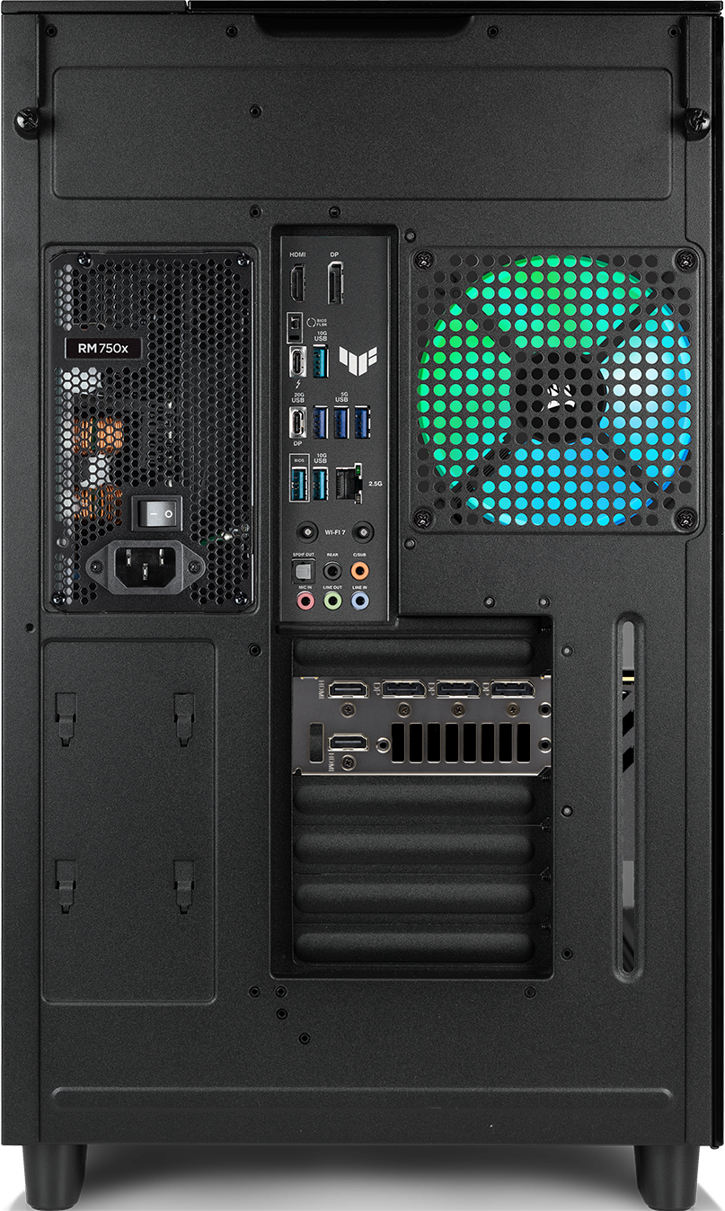 Panneau arrière noir de boîtier d'ordinateur avec ventilateur, ports et zone d'alimentation. Le ventilateur a des lumières vertes et bleues.