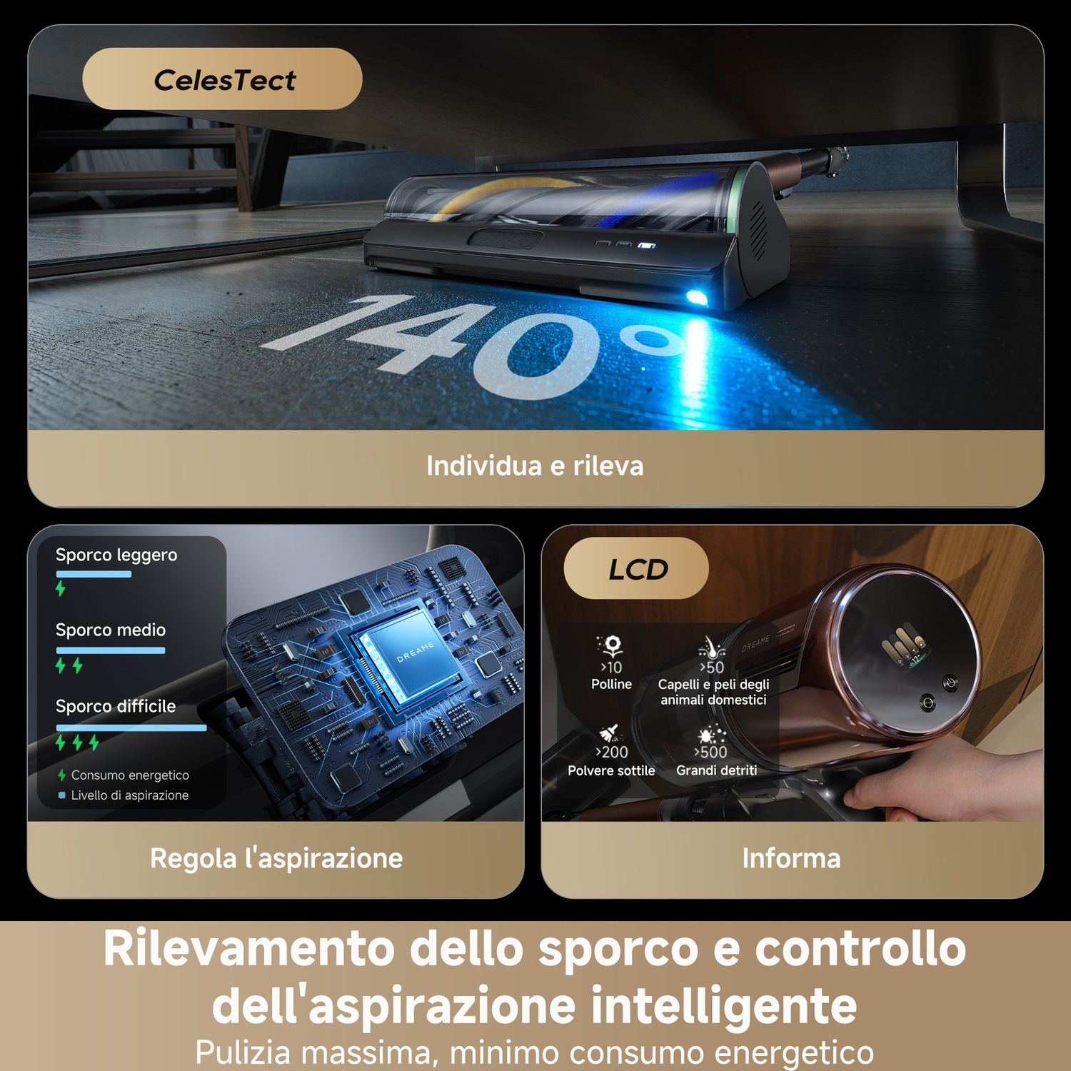 Un aspirapolvere nero e oro su un pavimento grigio. L'aspirapolvere ha una luce accesa. Ci sono anche grafici informativi.