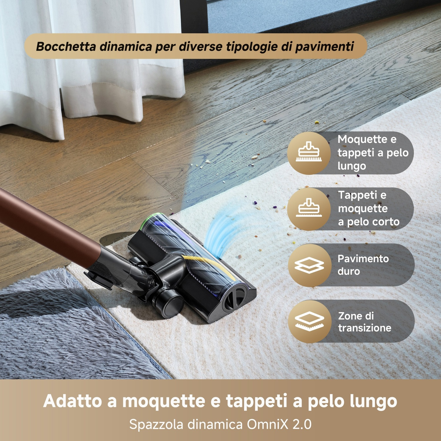 Aspirapolvere su tappeto, con etichette per tipi di pavimento. Testo: 'Adatto a tappeti a pelo lungo'. Manico marrone.