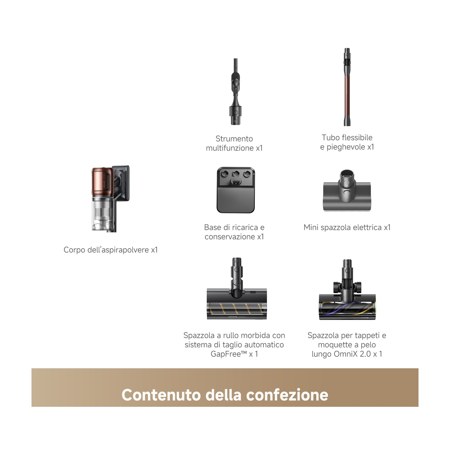 L'immagine mostra i componenti dell'aspirapolvere: corpo, tubo flessibile, multiutensile, base di ricarica, mini spazzola, spazzola a rullo morbida e spazzola per tappeti.