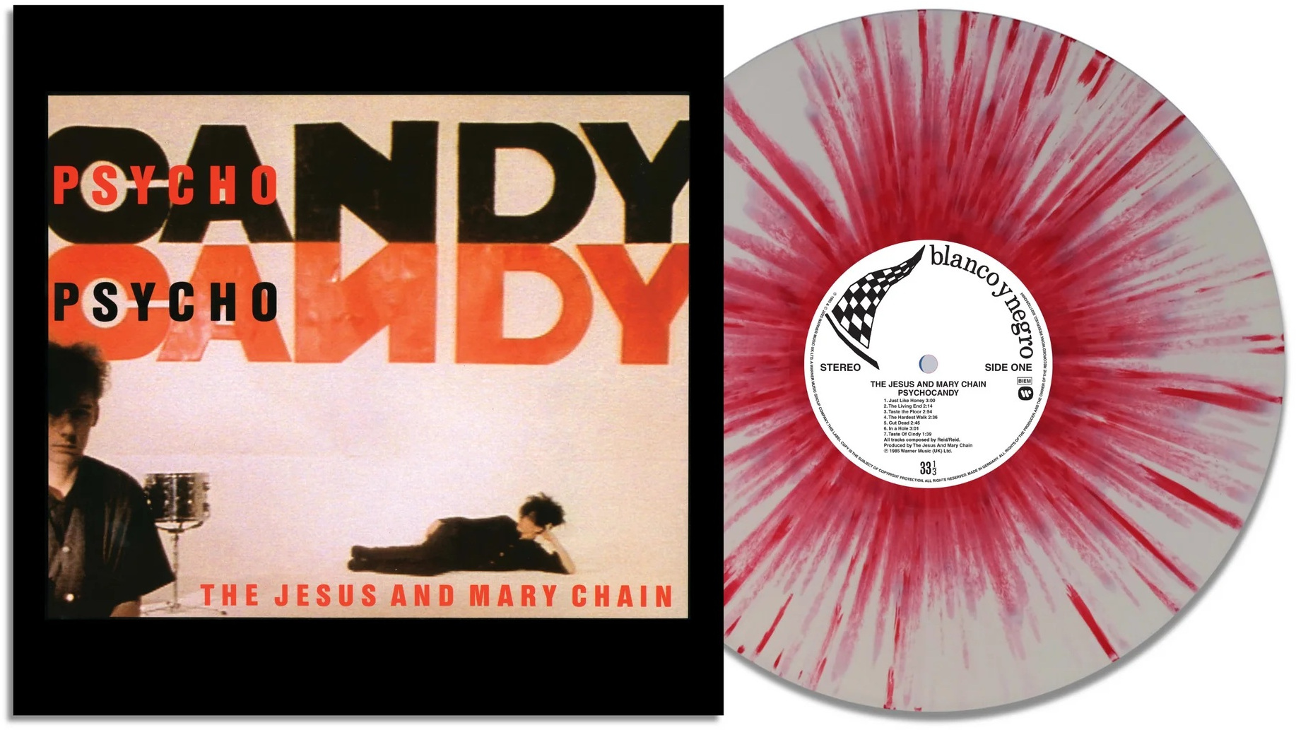 Az album borítója: 'Psycho Candy' a The Jesus and Mary Chain-től. A zenekar fotóját, szöveget és egy piros-fehér bakelit lemezt ábrázol.