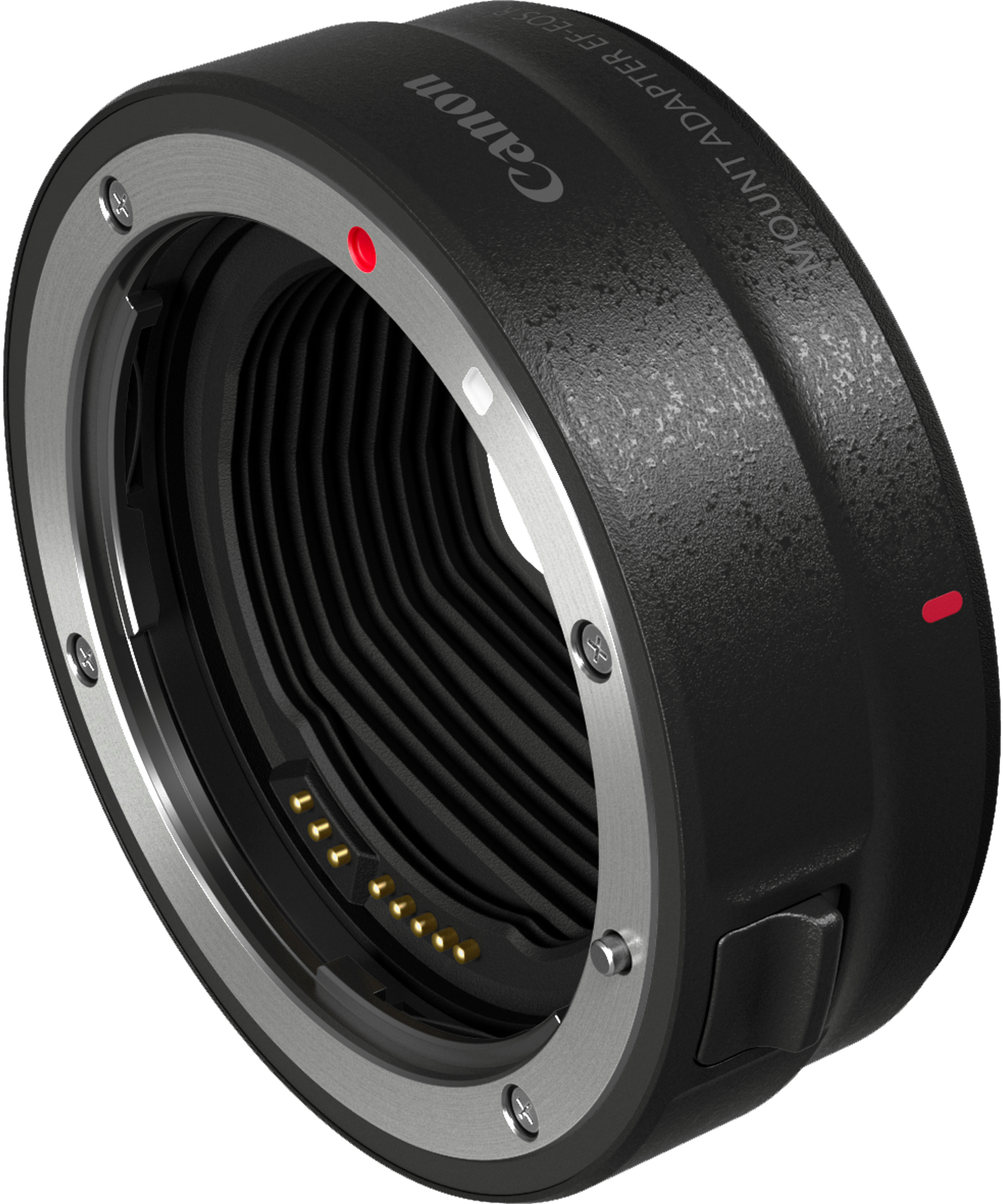 Un adaptateur d'objectif Canon. Il a un corps noir avec des accents argentés, des marquages rouges et blancs. Le logo Canon est visible.