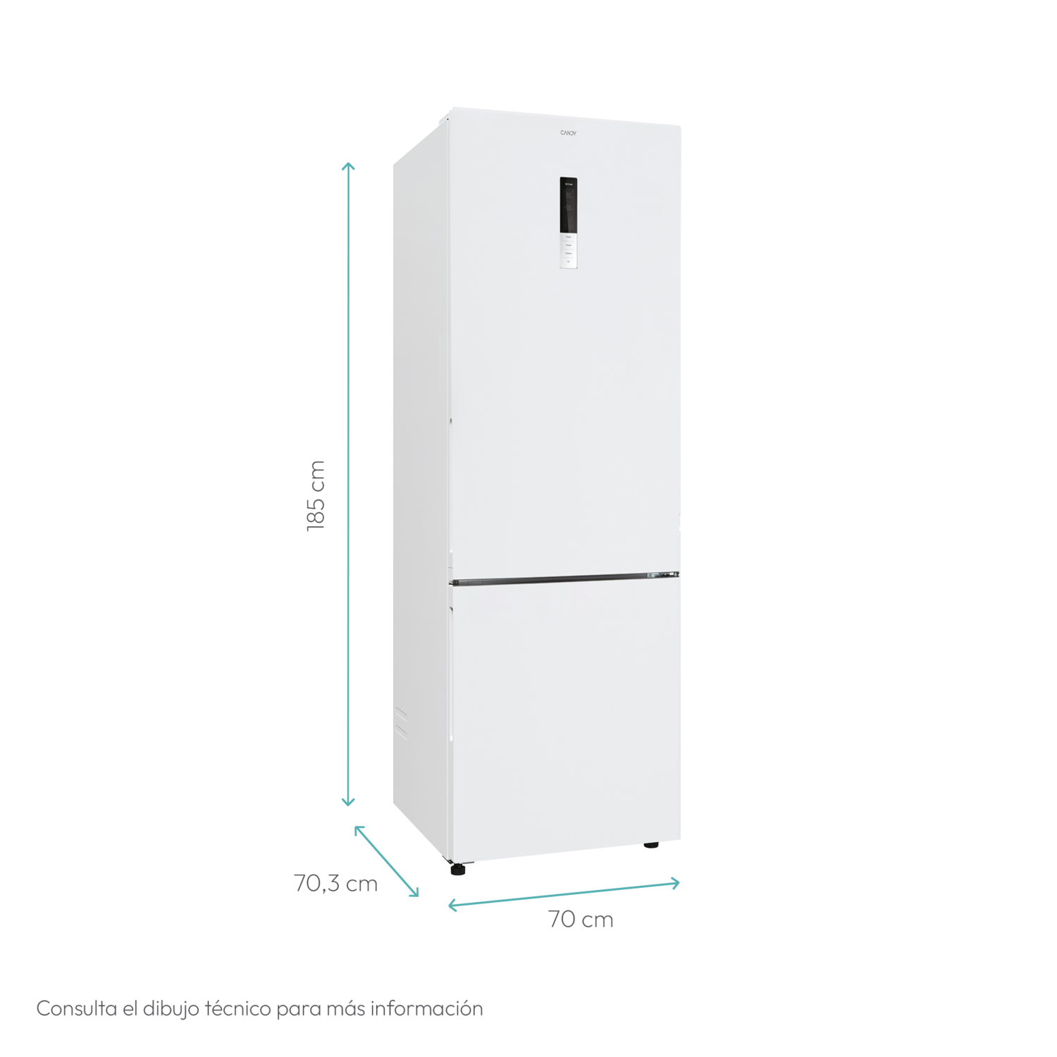 Refrigerador Candy blanco. Tiene dos puertas y medidas: 185 cm de altura, 70,3 cm de ancho y 70 cm de profundidad.