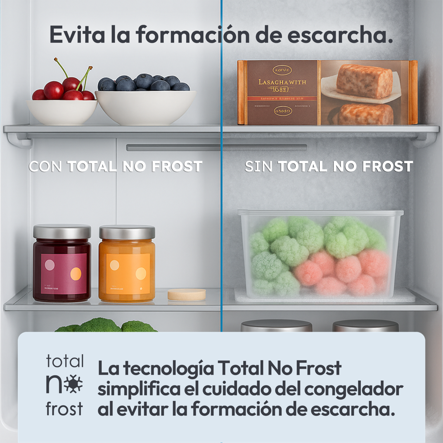 Comparativa Con/Sin Total No Frost. Texto: “Evita la formación de escarcha”.