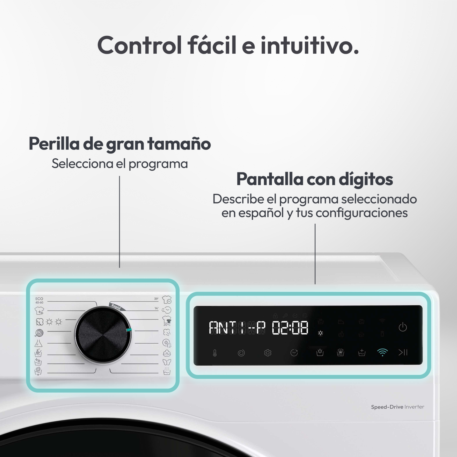 Detalle de lavadora. Perilla grande a la izquierda y pantalla digital a la derecha, mostrando ajustes y tiempo.