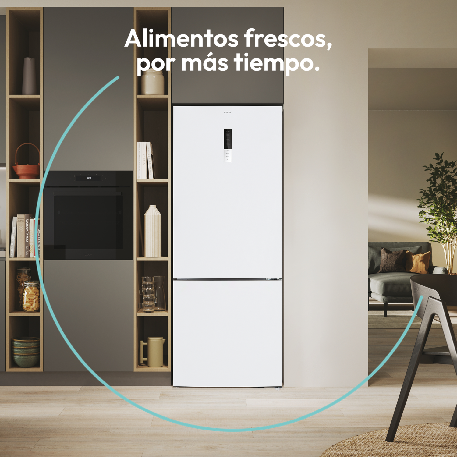 Frigorífico en cocina con arco azul. Texto: “Alimentos frescos, por más tiempo”.