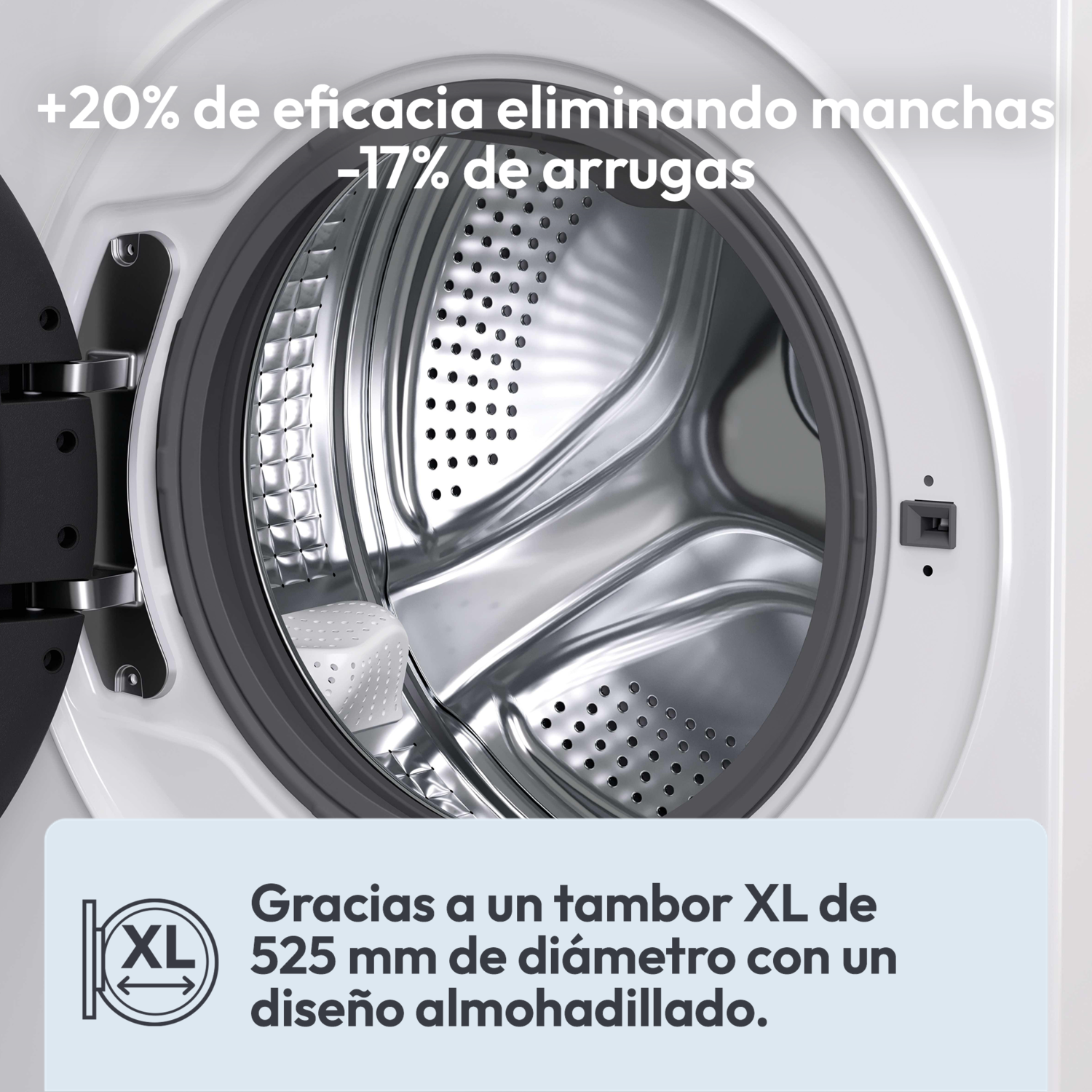 Primer plano de un tambor de lavadora. El texto indica +20% eliminación de manchas y -17% reducción de arrugas, tambor XL, 525 mm de diámetro.