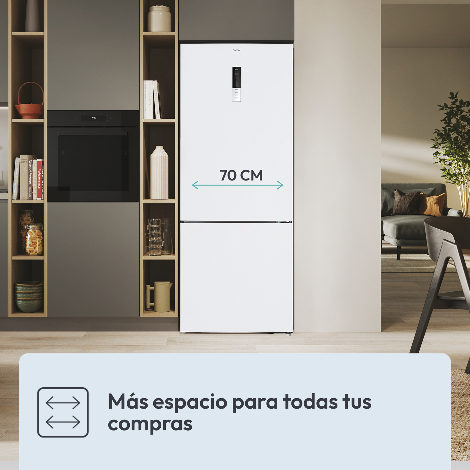 Frigorífico 70 cm integrado en cocina. Texto: “Más espacio para todas tus compras”.