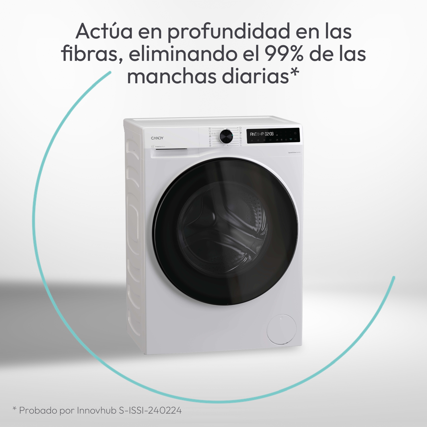 Una lavadora Candy blanca. La máquina tiene una puerta negra y una pantalla digital. El texto dice 'Actúa en profundidad...'