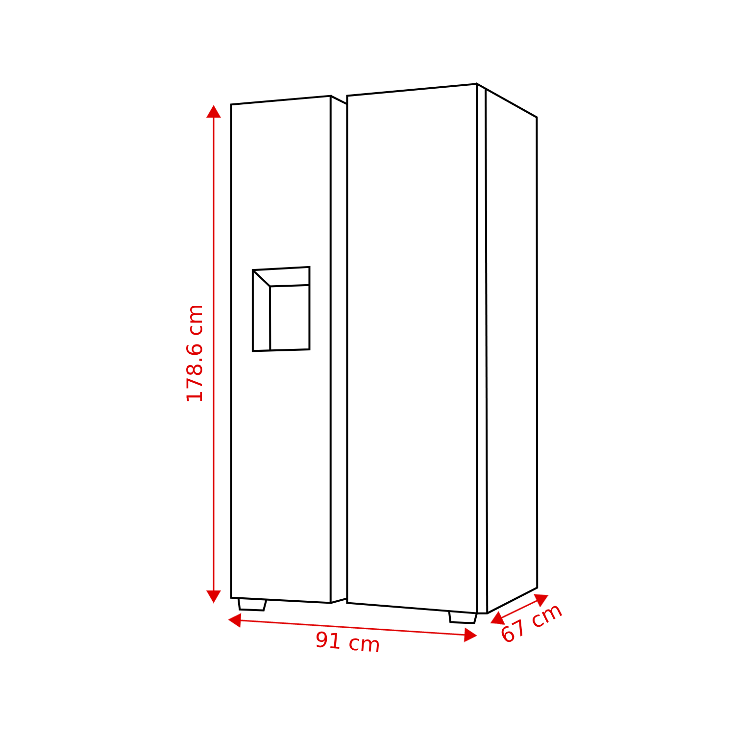 A side-by-side refrigerator drawn with dimensions. It's 178.6 cm high, 91 cm wide, and 67 cm deep. A water dispenser is visible.