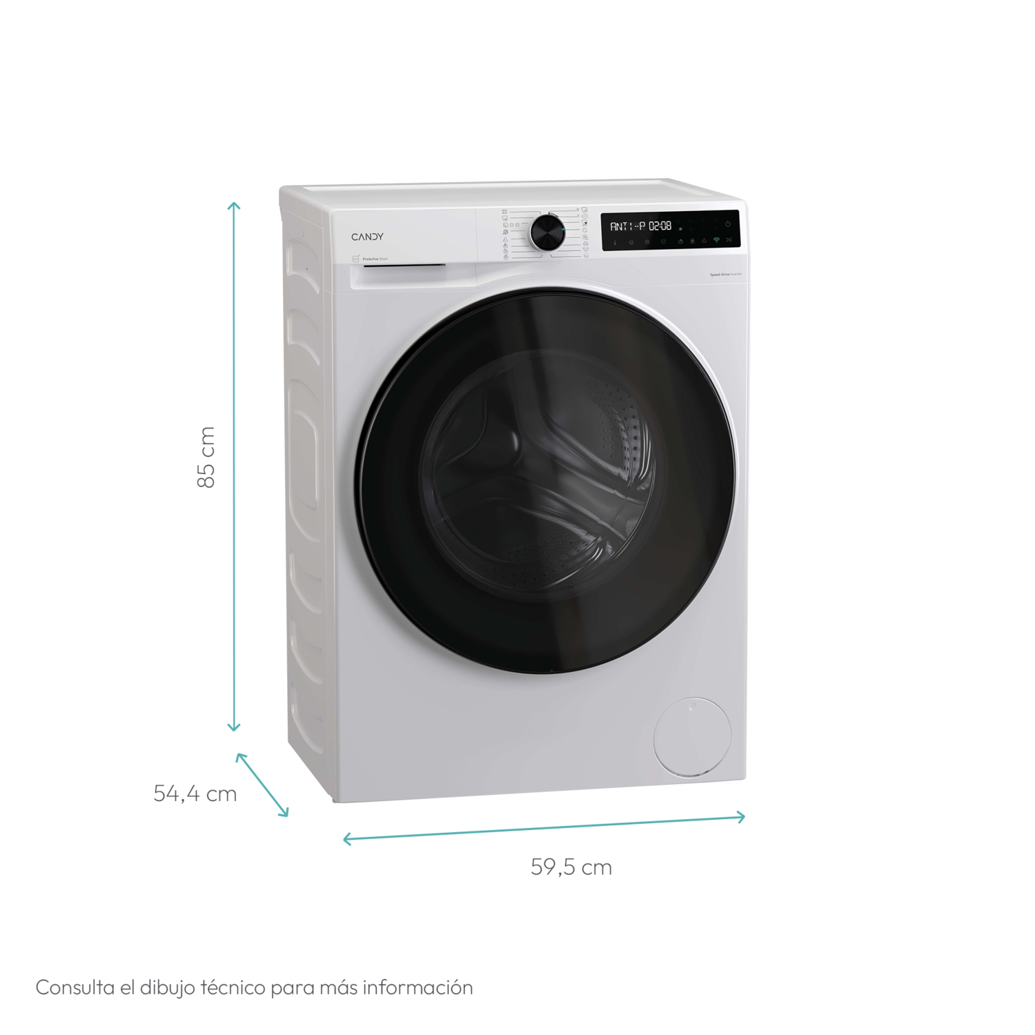 Una lavadora Candy blanca con puerta y panel de control negros. Dimensiones: 85cm altura, 59.5cm ancho y 54.4cm profundidad.