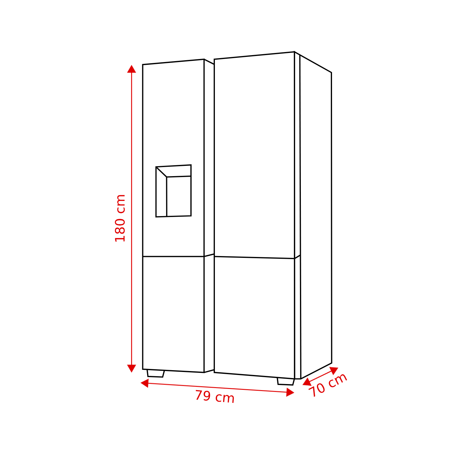 Een lijntekening van een koelkast met afmetingen. Hij is 180 cm hoog, 79 cm breed en 70 cm diep.
