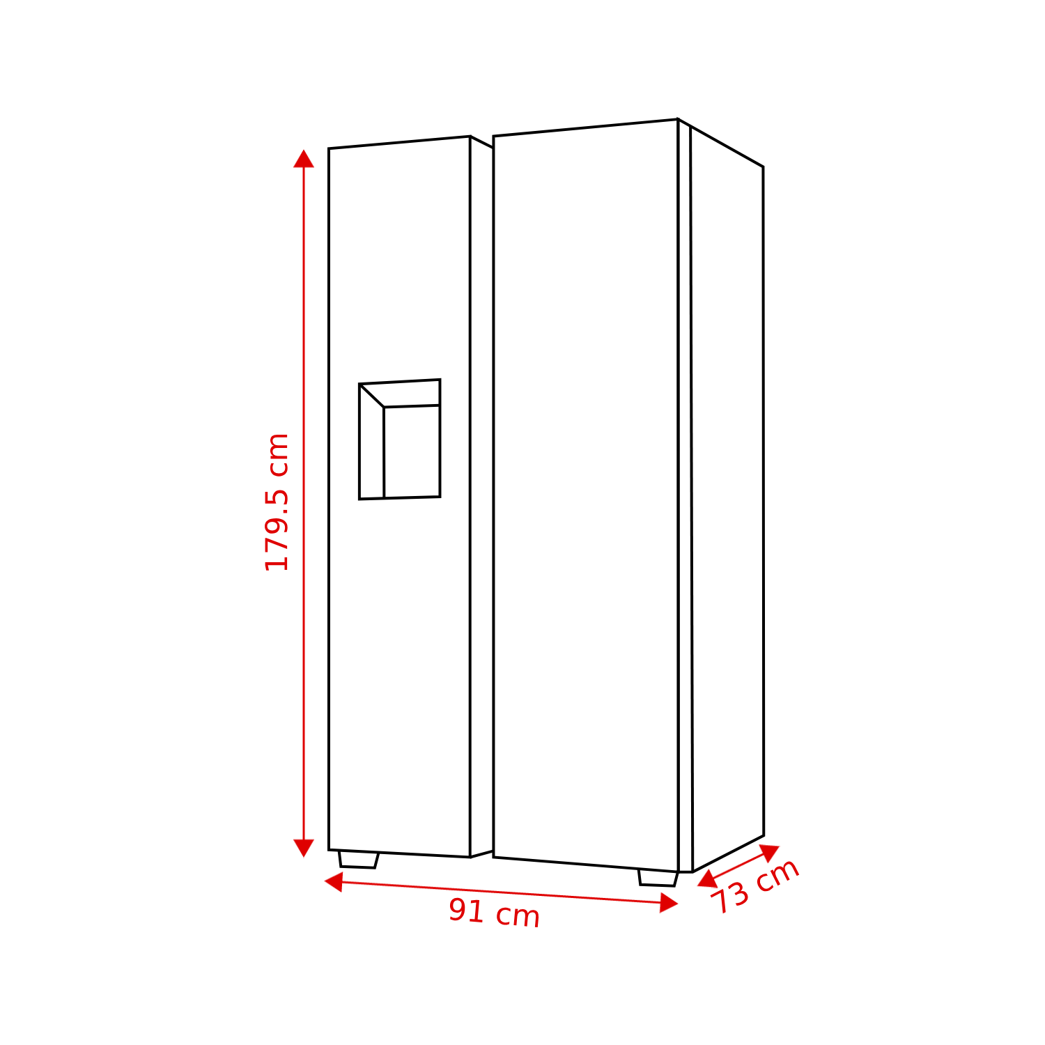 A side-by-side refrigerator with dimensions: 179.5 cm high, 91 cm wide, and 73 cm deep. A red arrow indicates each measurement.