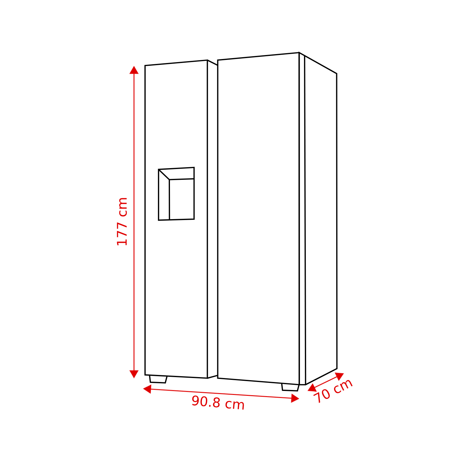 Diagram of a side-by-side refrigerator with dimensions: 177cm height, 90.8cm width, and 70cm depth. It has a water dispenser.