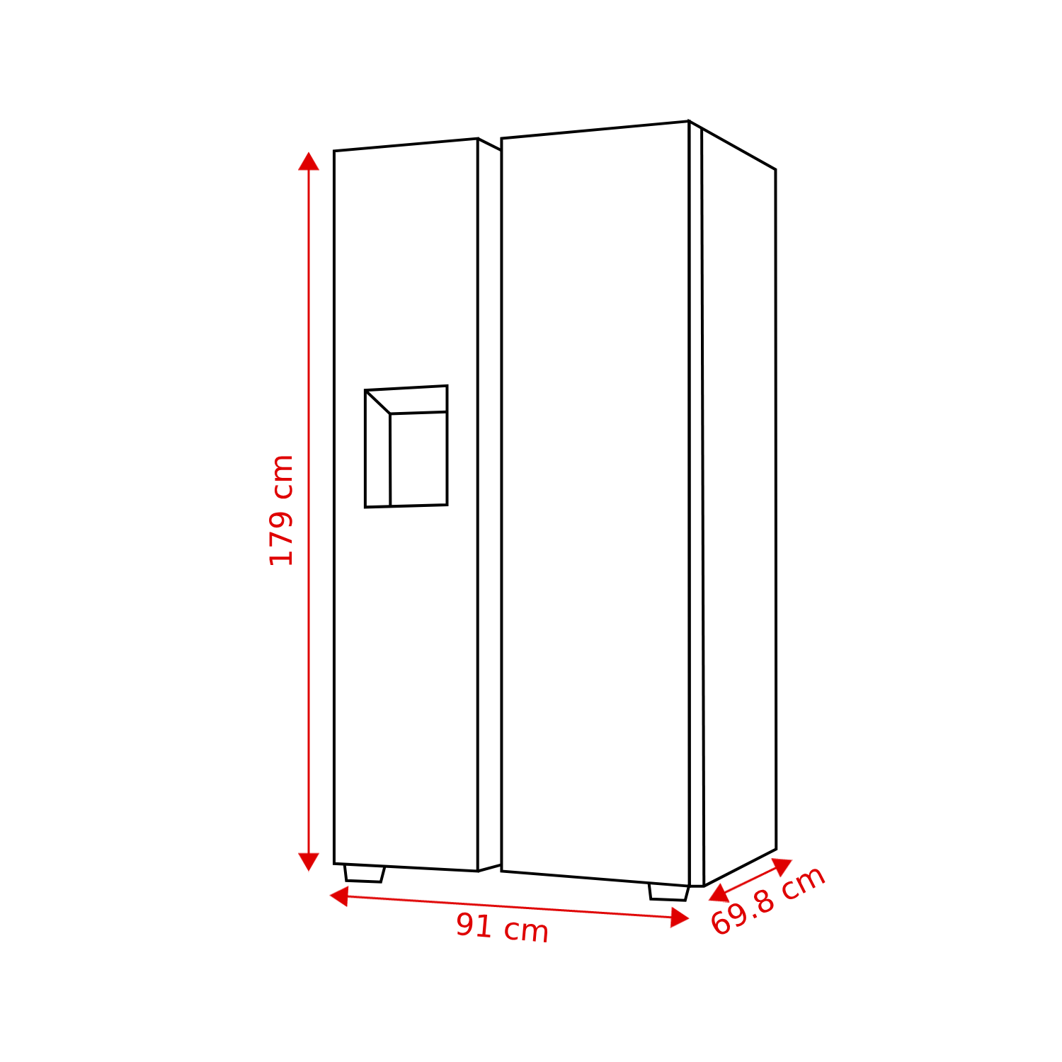 A side-by-side refrigerator outline with dimensions: 179 cm high, 91 cm wide, and 69.8 cm deep. It has a water dispenser.