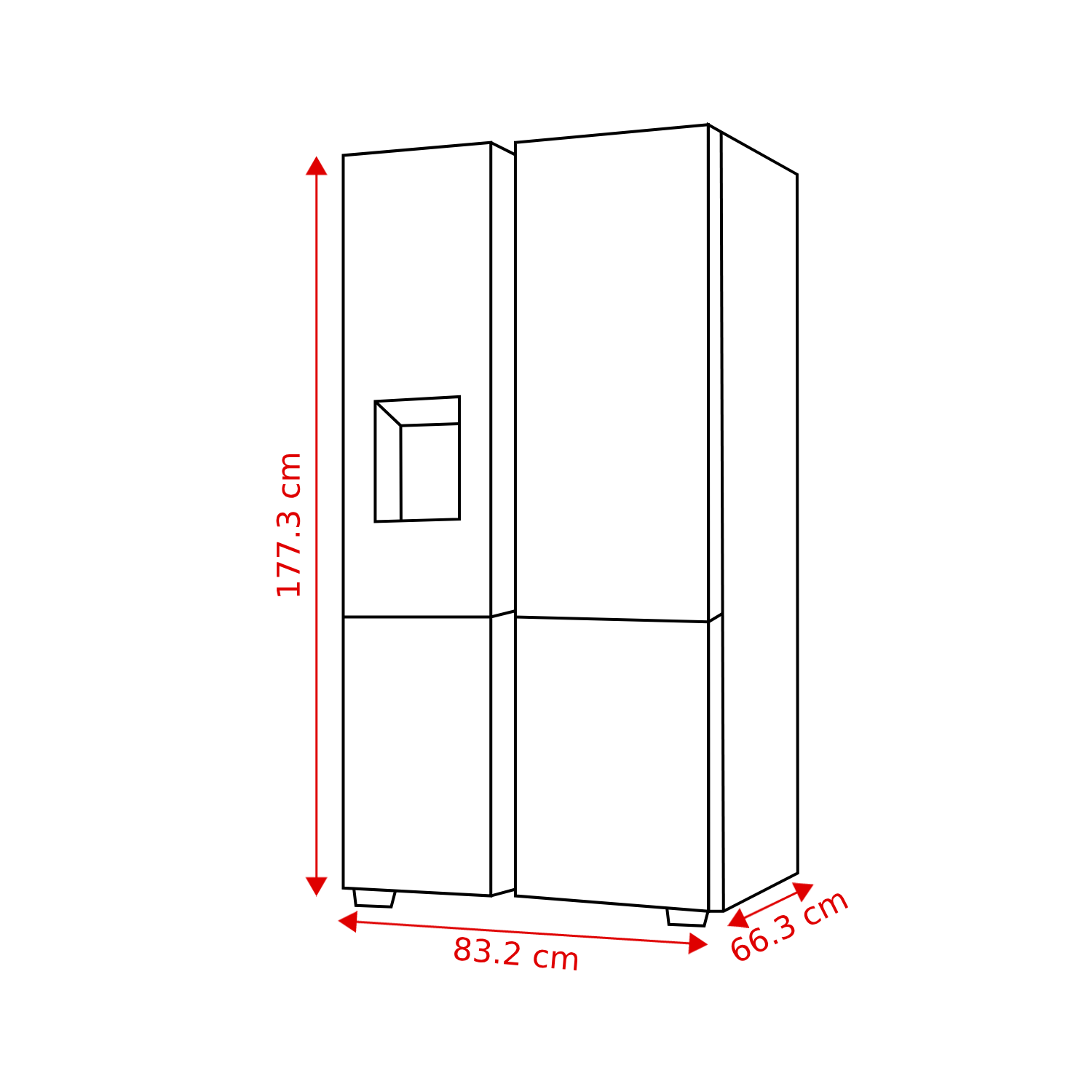 A diagram of a refrigerator with dimensions: 177.3 cm tall, 83.2 cm wide, and 66.3 cm deep. 
