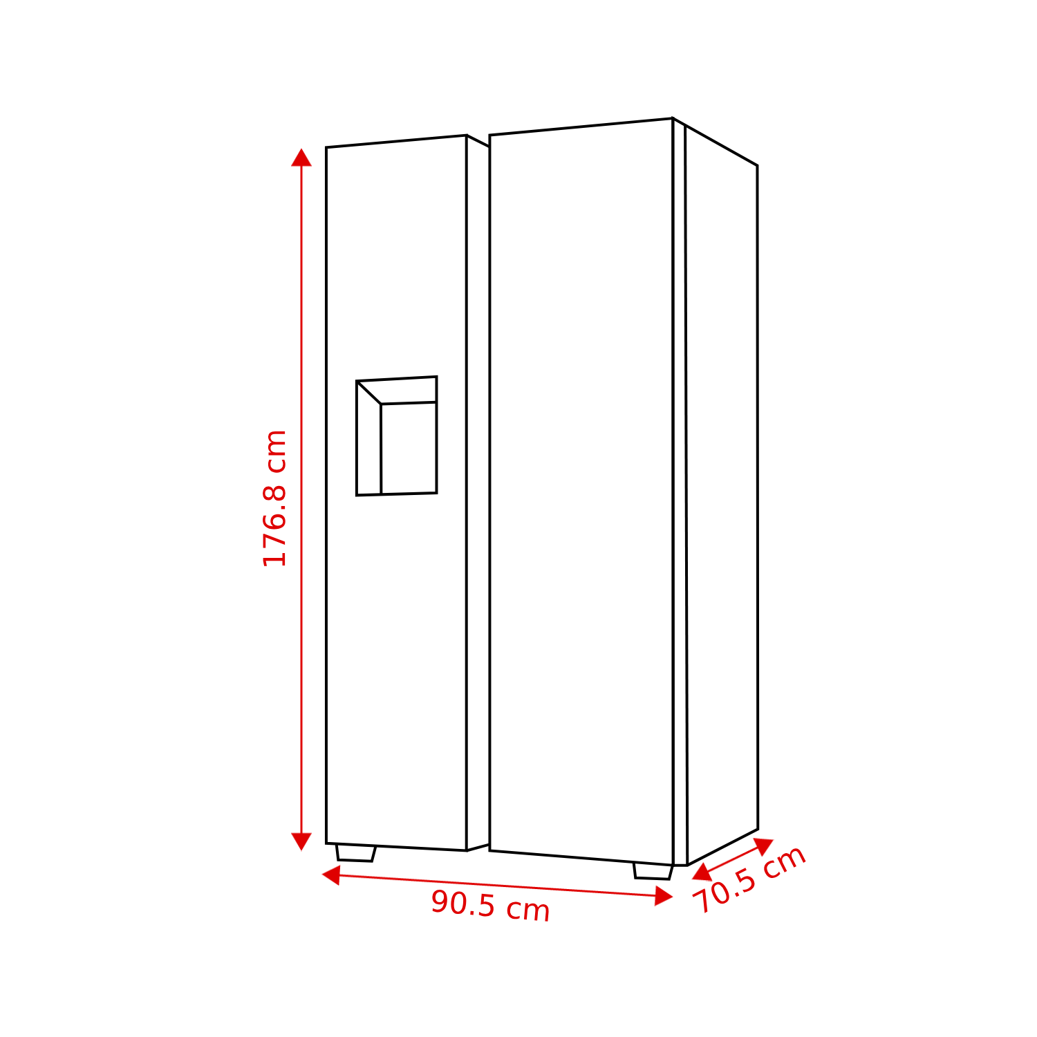 A white refrigerator with dimensions labeled. It is 176.8 cm high, 90.5 cm wide, and 70.5 cm deep.