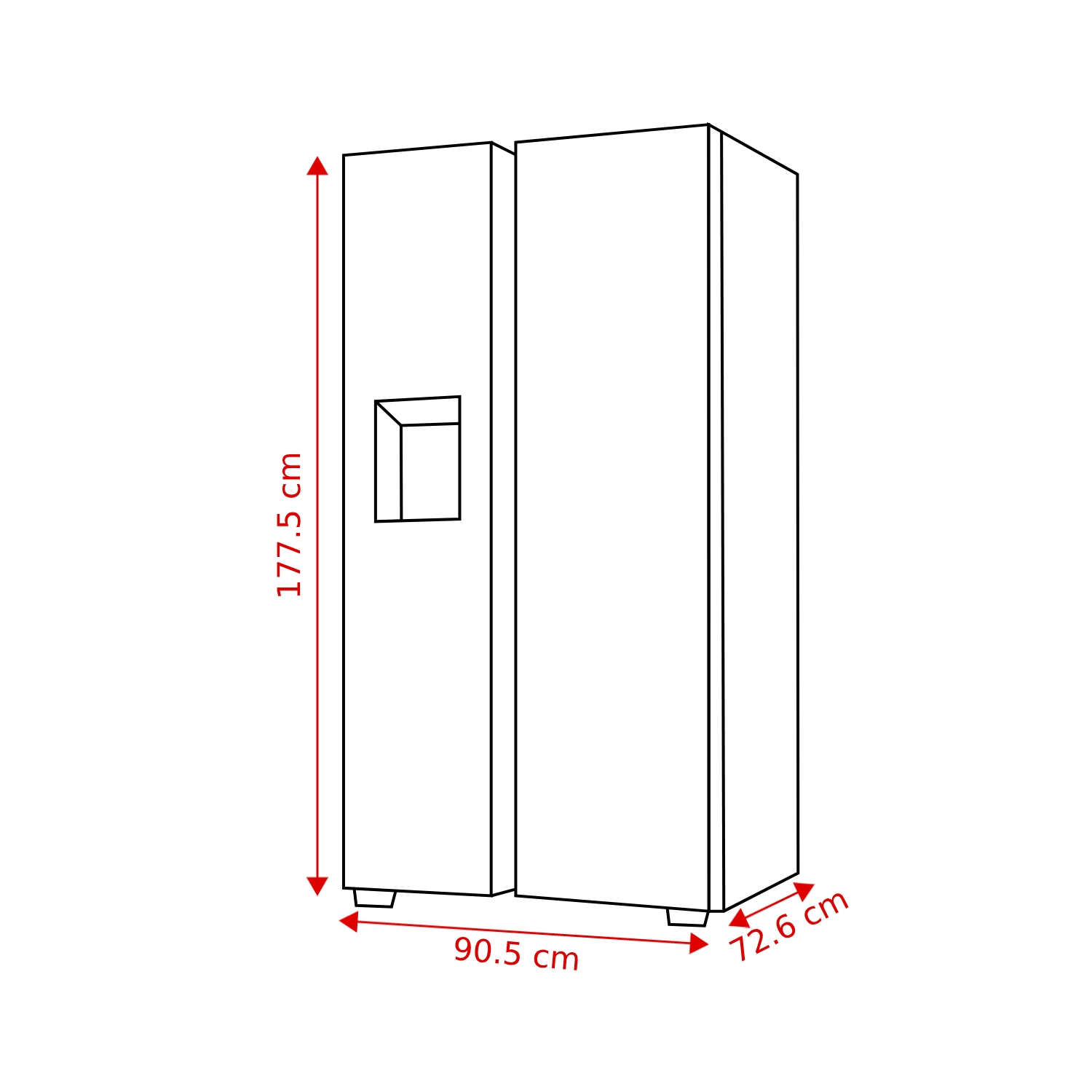 A refrigerator diagram with measurements. It is 177.5 cm tall, 90.5 cm wide, and 72.6 cm deep. It has a water dispenser.