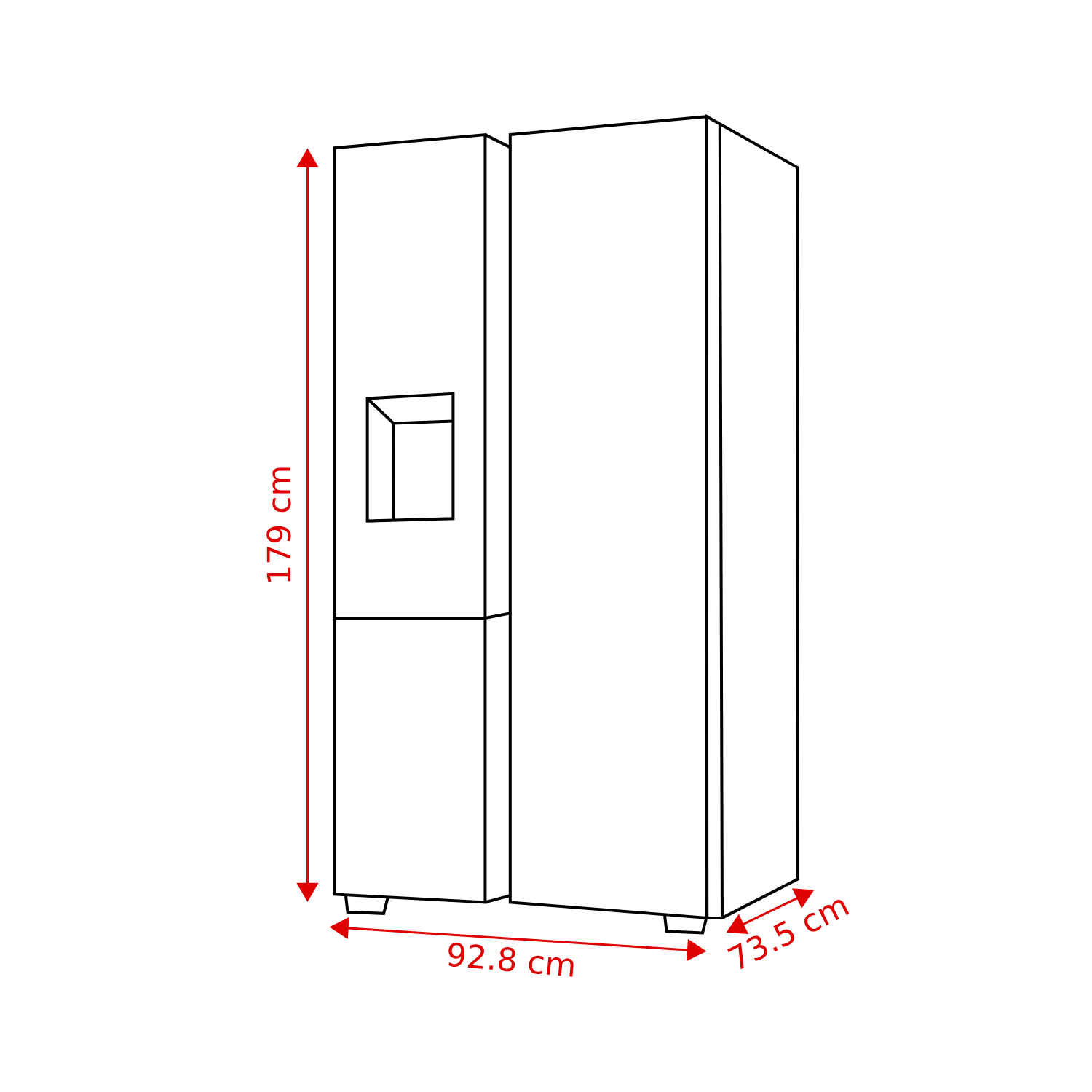 An illustration of a refrigerator with dimensions labeled. Height is 179 cm, width is 92.8 cm, and depth is 73.5 cm. 