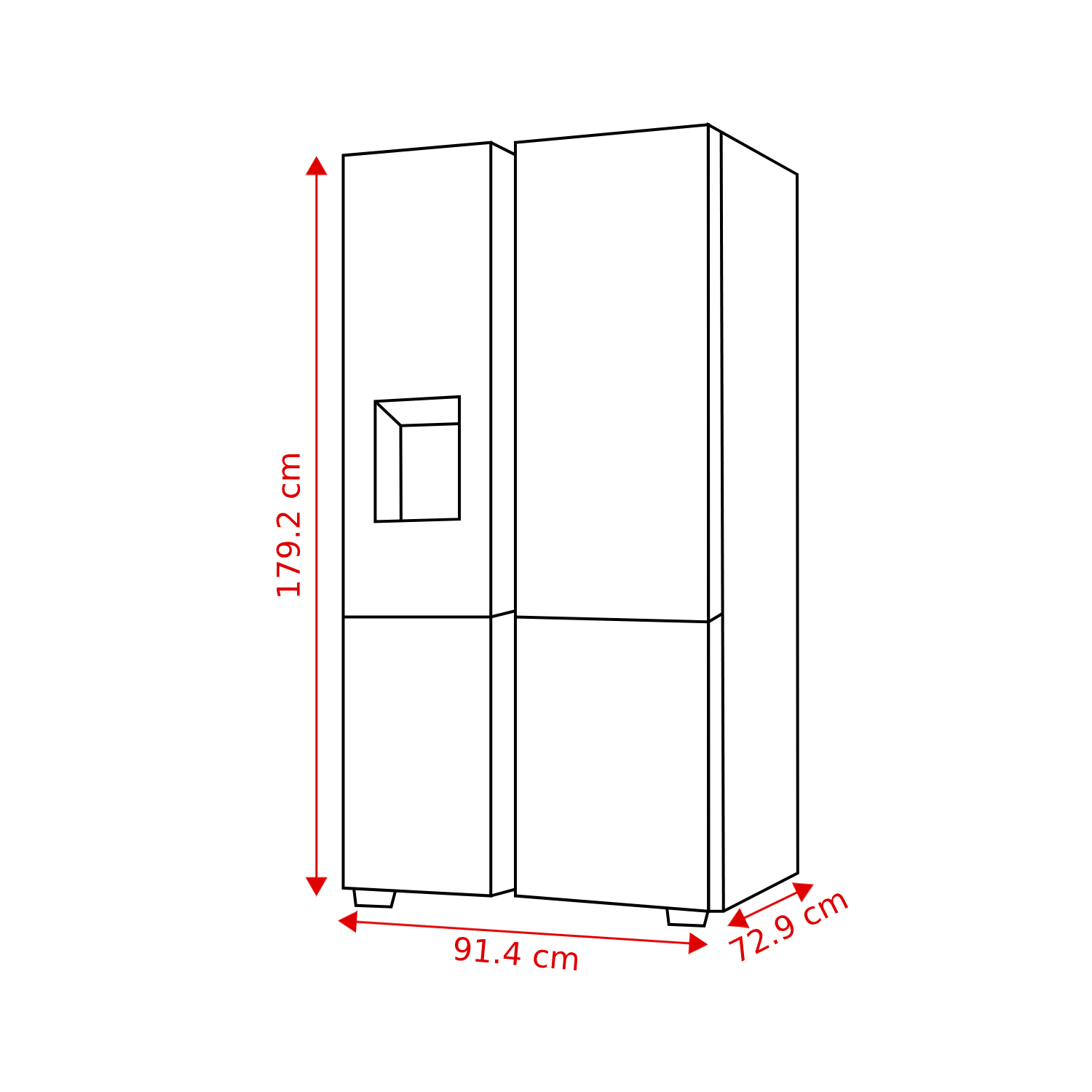 Illustratie van een side-by-side koelkast met afmetingen: 179,2 cm hoog, 91,4 cm breed en 72,9 cm diep. Het heeft een waterdispenser.