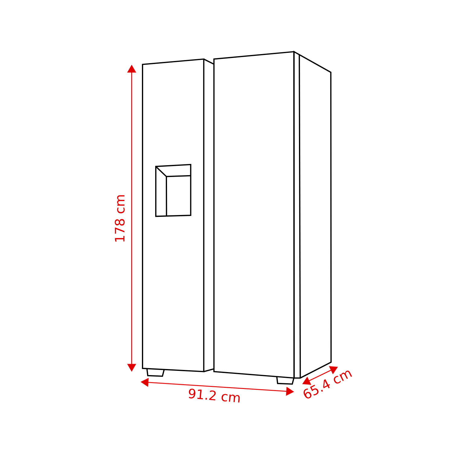 An illustration of a refrigerator, with dimensions indicated as 178 cm high, 91.2 cm wide, and 65.4 cm deep.