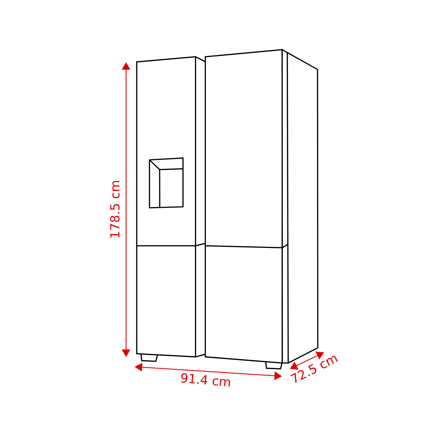 A refrigerator with dimensions labeled. Height is 178.5 cm, width is 91.4 cm, and depth is 72.5 cm. It is a side-by-side model.
