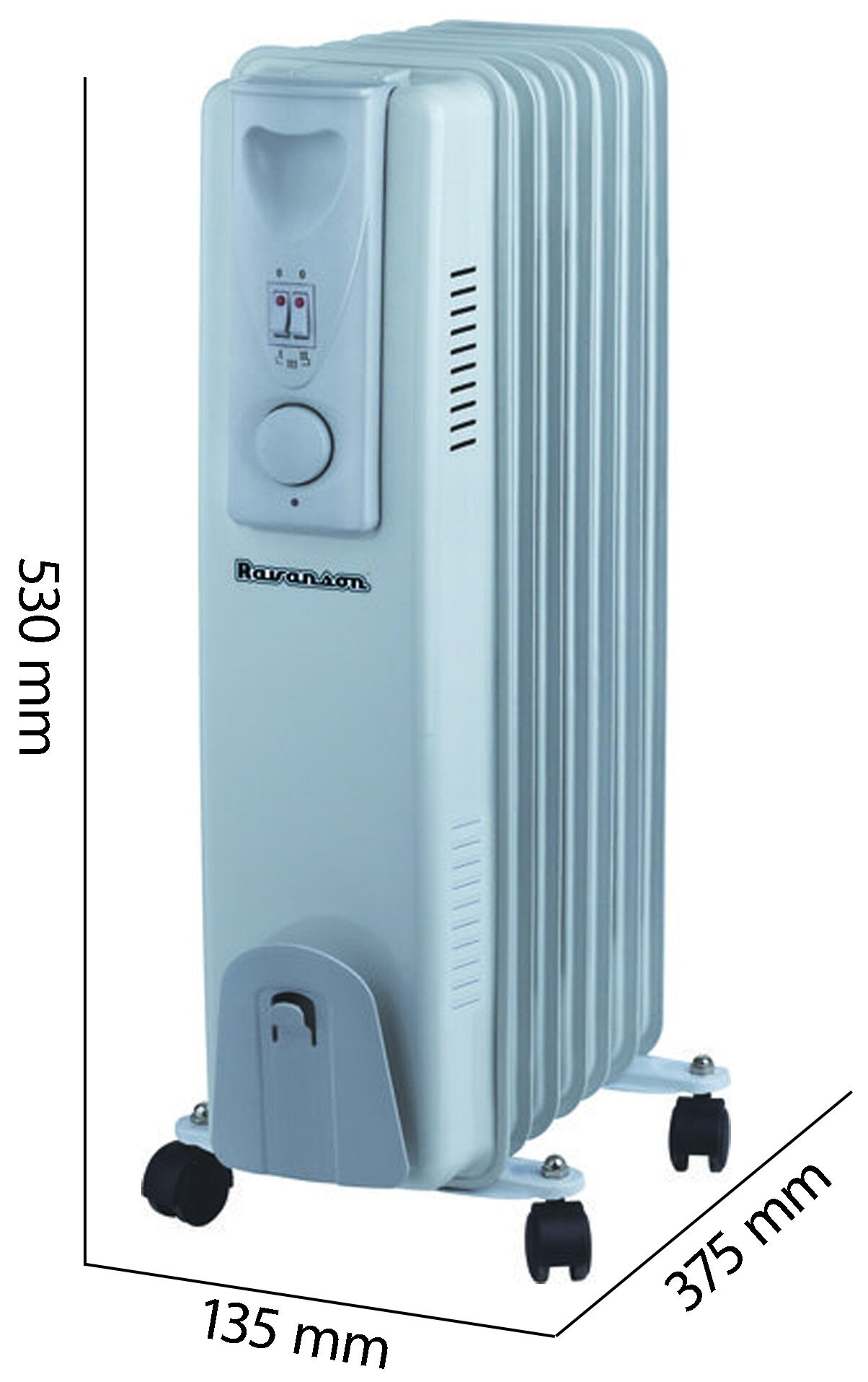Jasnoniebieski grzejnik olejowy Ravanson z wymiarami. Posiada kółka, panel sterowania i wskaźnik zasilania.