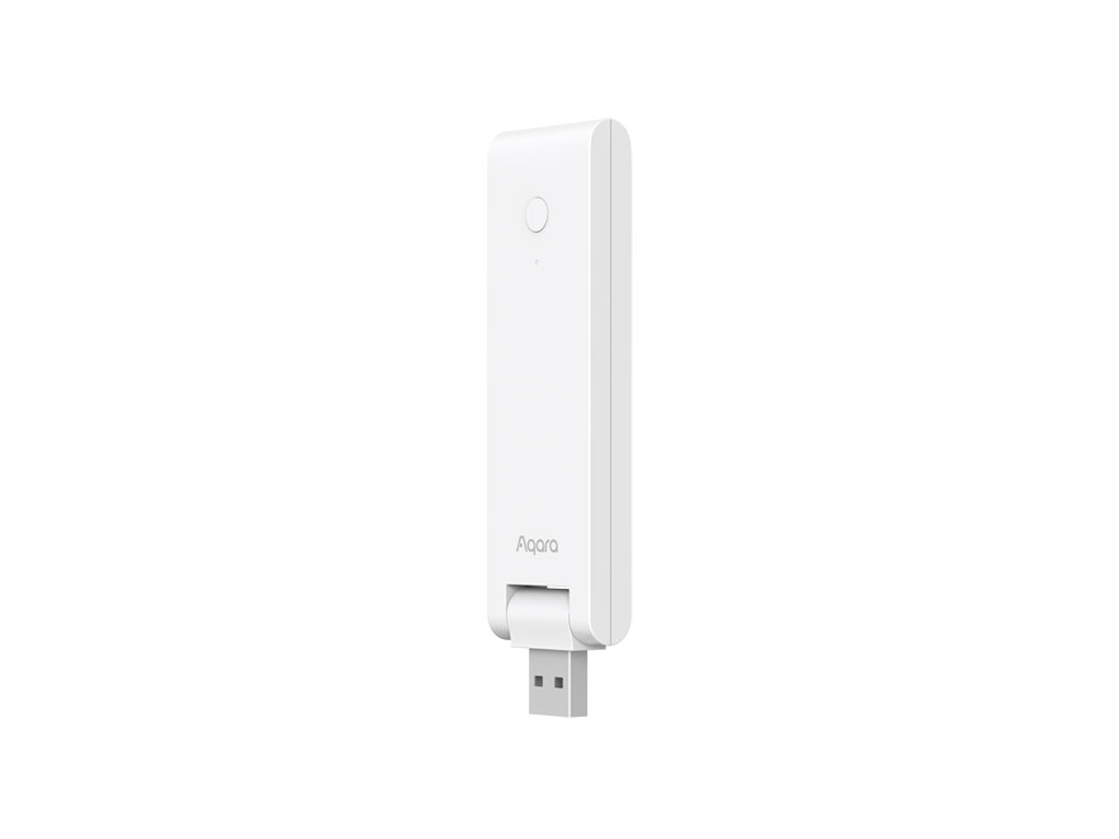Ein weißer Aqara USB-Hub, vertikal, mit Knopf und USB-Anschluss, auf weißem Hintergrund.