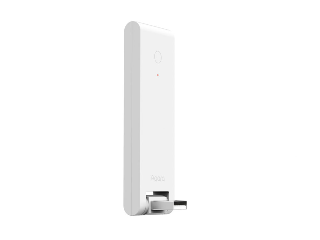 Ein weißes Aqara-Gerät mit USB-Anschluss. Es hat ein kleines rotes Licht und eine Taste. Das Gerät befindet sich vor einem weißen Hintergrund.