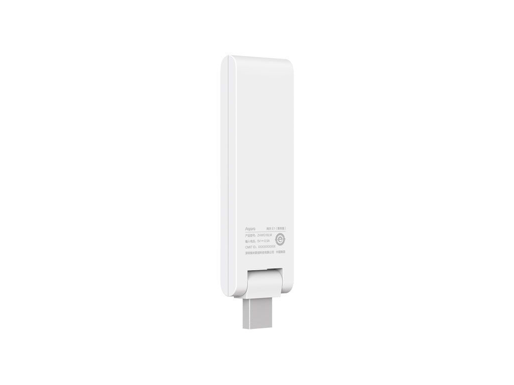 Ein weißes, rechteckiges Gerät mit USB-Stecker unten. Es hat ein Scharnier und Text auf der Rückseite.