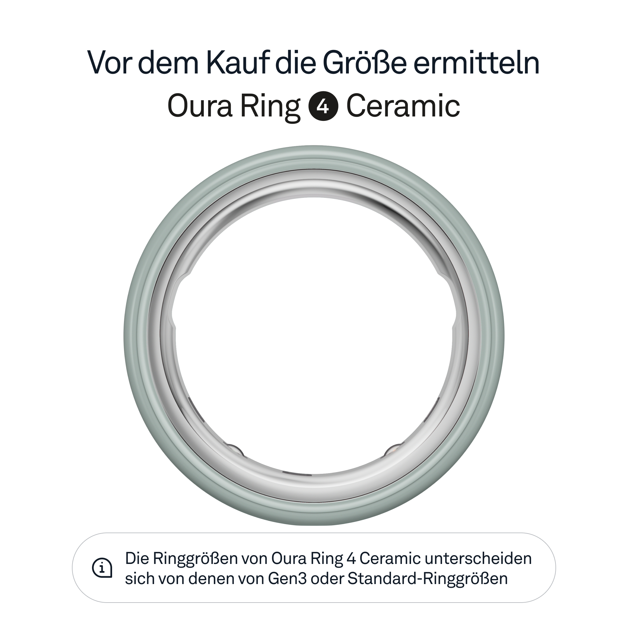 Ein Oura Ring 4 Ceramic, ein grau-grüner Ring, zentriert vor weißem Hintergrund. Text oben: 'Größe vor dem Kauf ermitteln'.