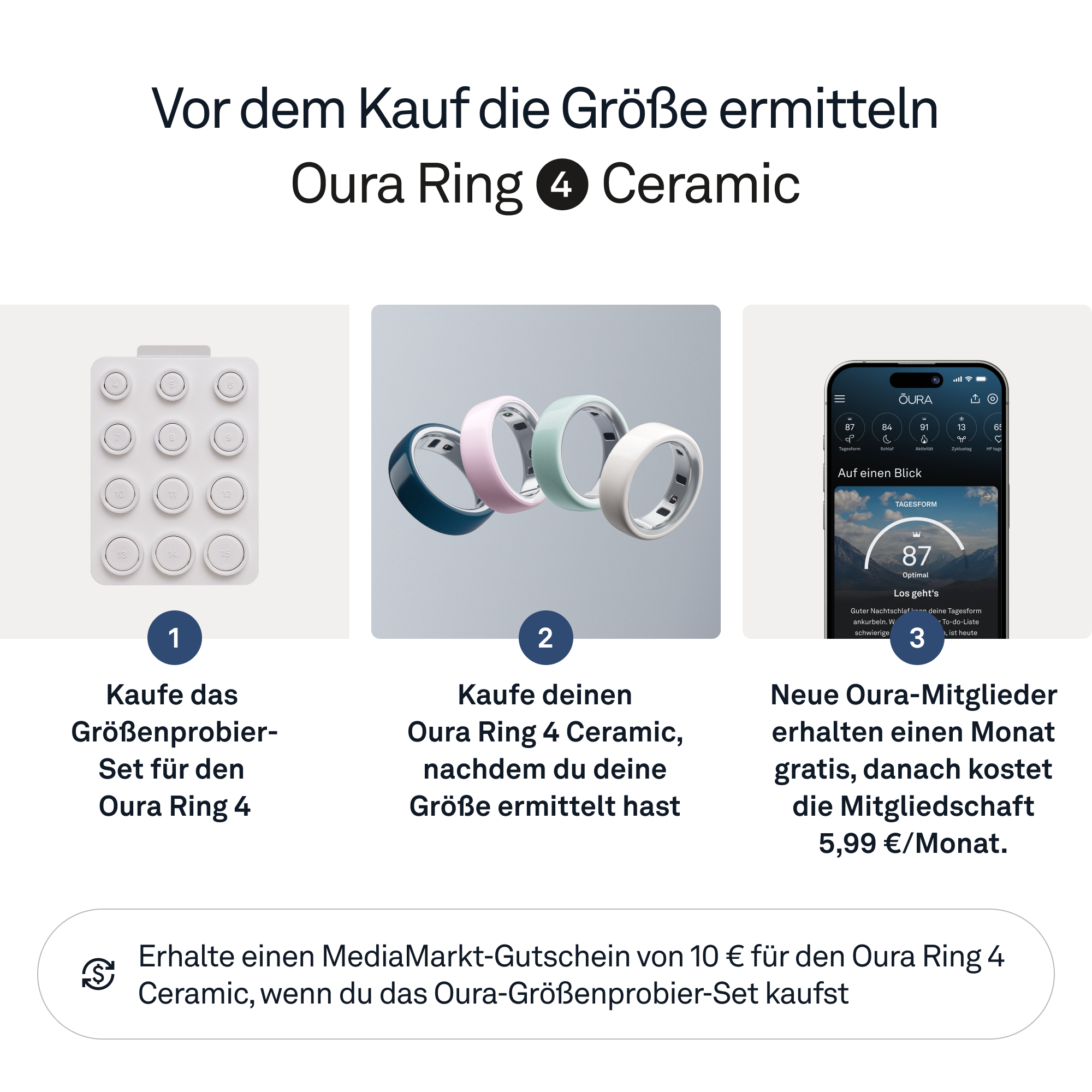 Werbung für Oura Ring 4 Ceramic. Sie zeigt eine Ringgröße, Ringe in verschiedenen Farben und eine Telefon-App.