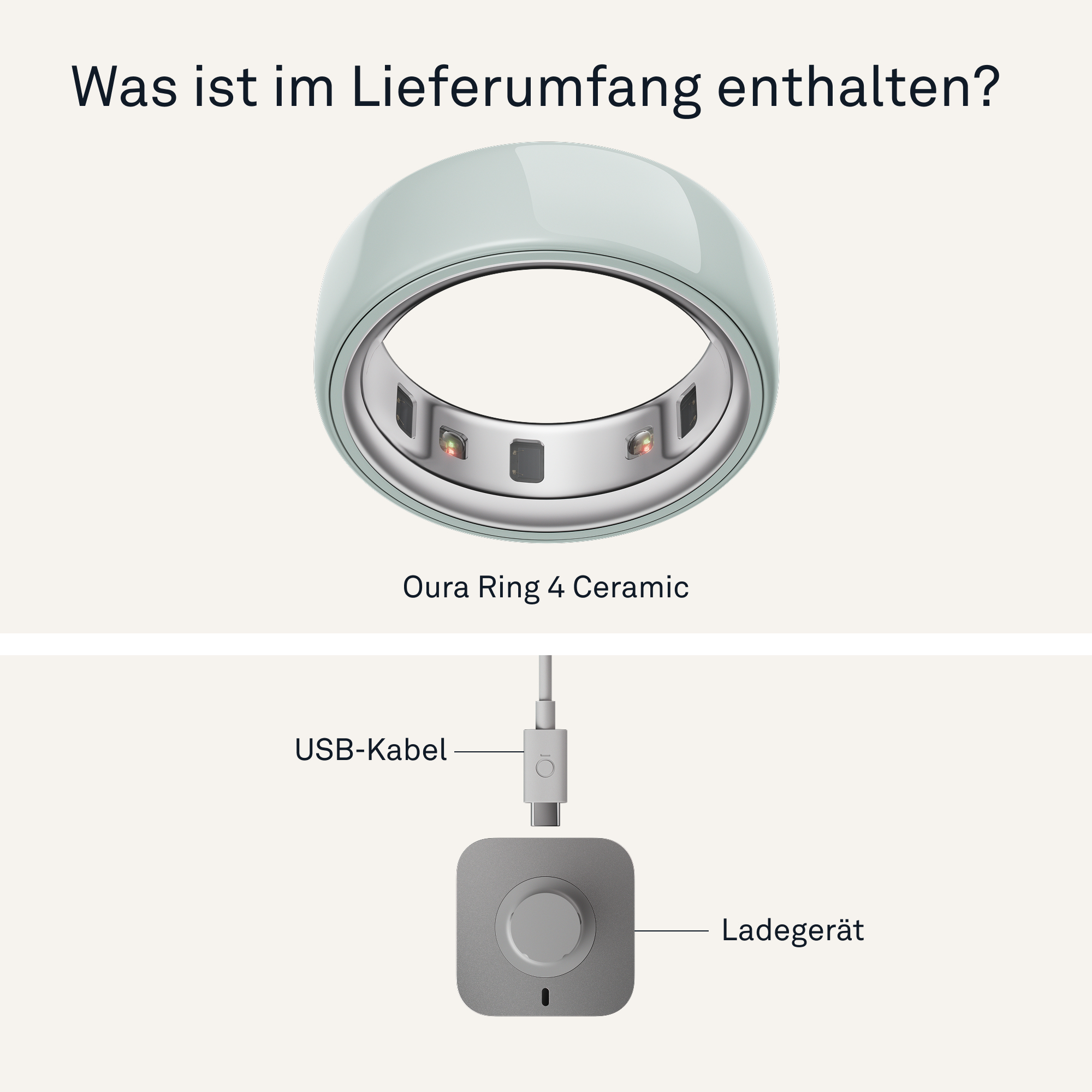 Oura Ring 4 Ceramic, USB-Kabel und Ladestation werden angezeigt. Der Ring ist hellgrün und das Ladegerät grau.