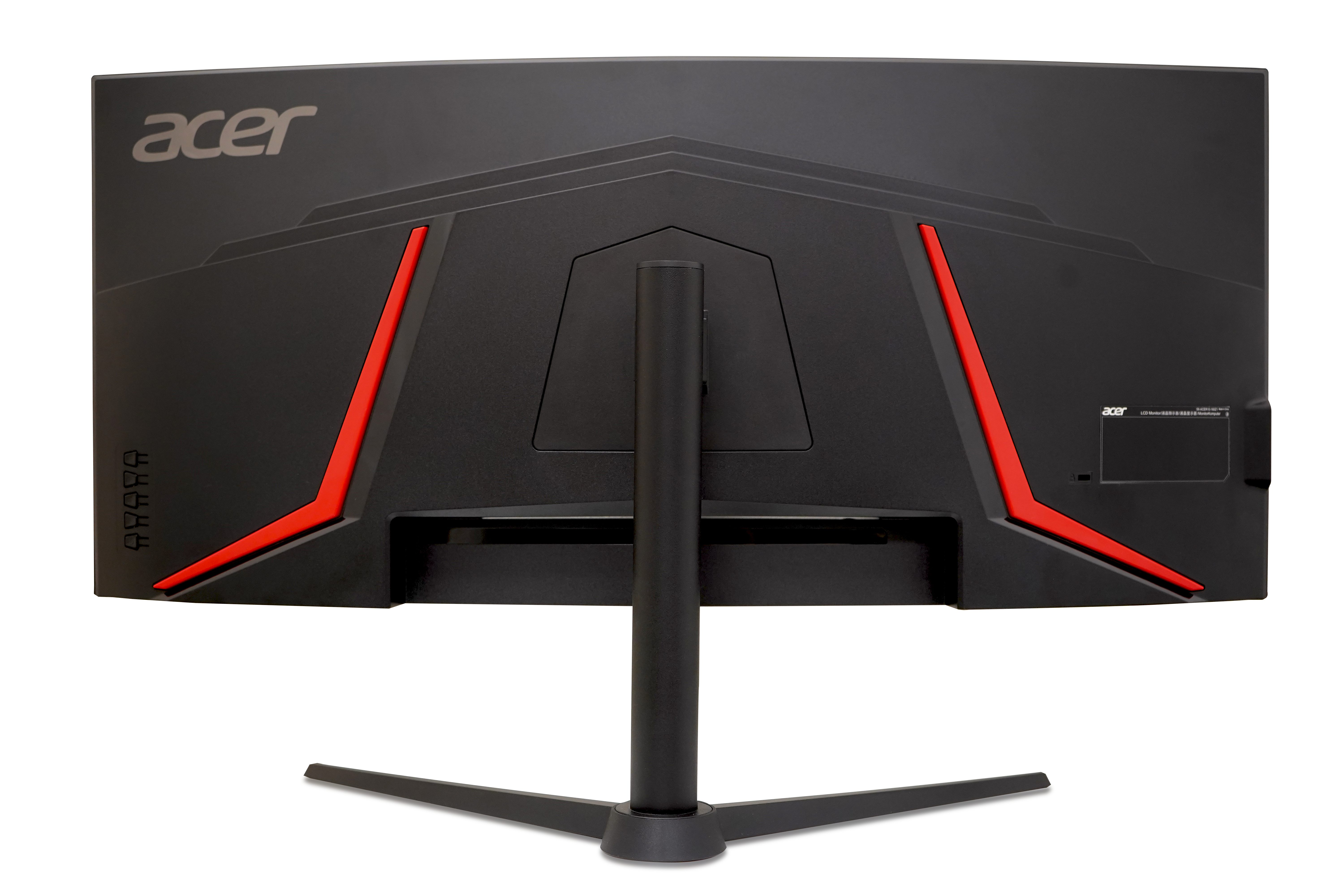Tył czarnego monitora Acer. Czerwone akcenty po bokach. Stojak jest również czarny, a podstawa ma trójramienną konstrukcję.