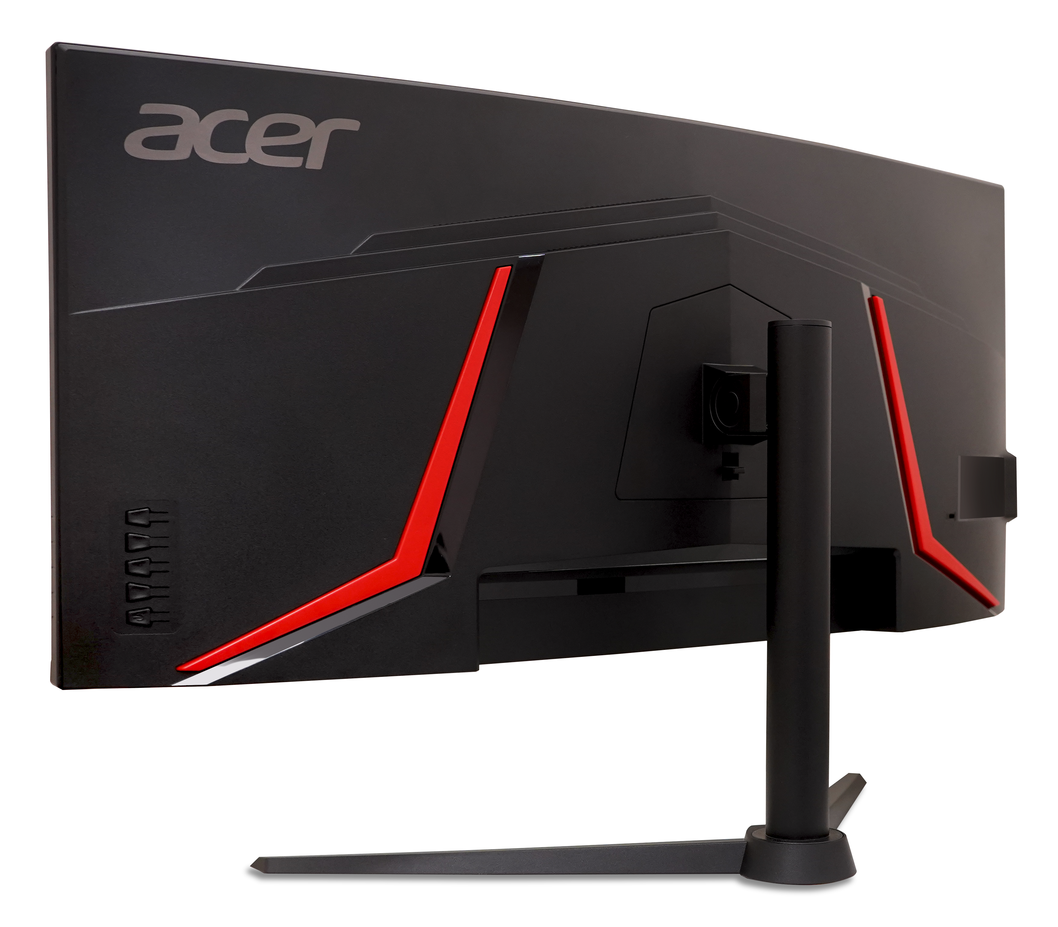Widok z tyłu czarnego monitora Acer z czerwonymi akcentami. Podstawa jest czarna. Widoczne logo Acer.
