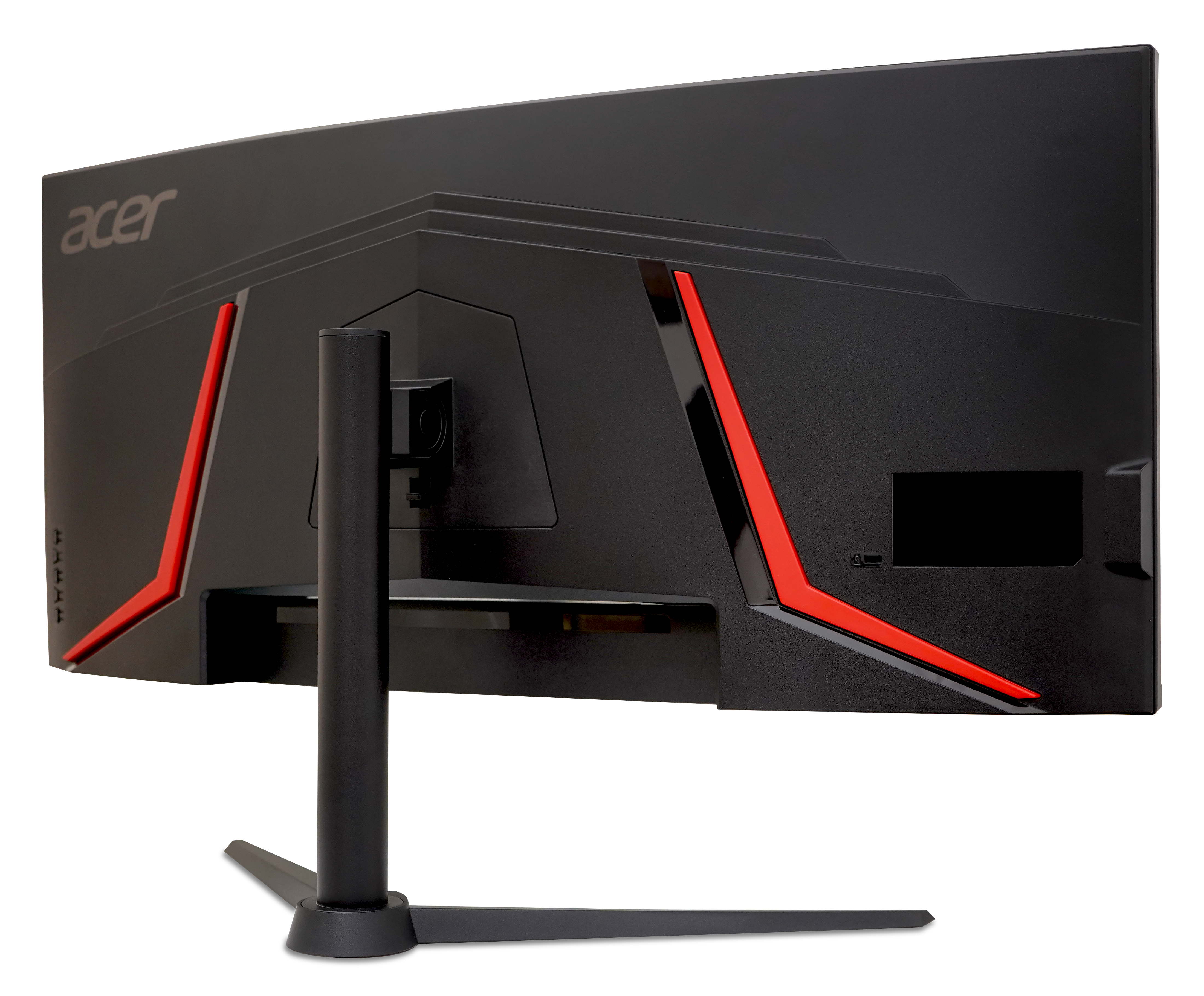 Tył czarnego monitora Acer z czerwonymi akcentami. Podstawa jest czarna, a monitor ma teksturowaną powierzchnię.