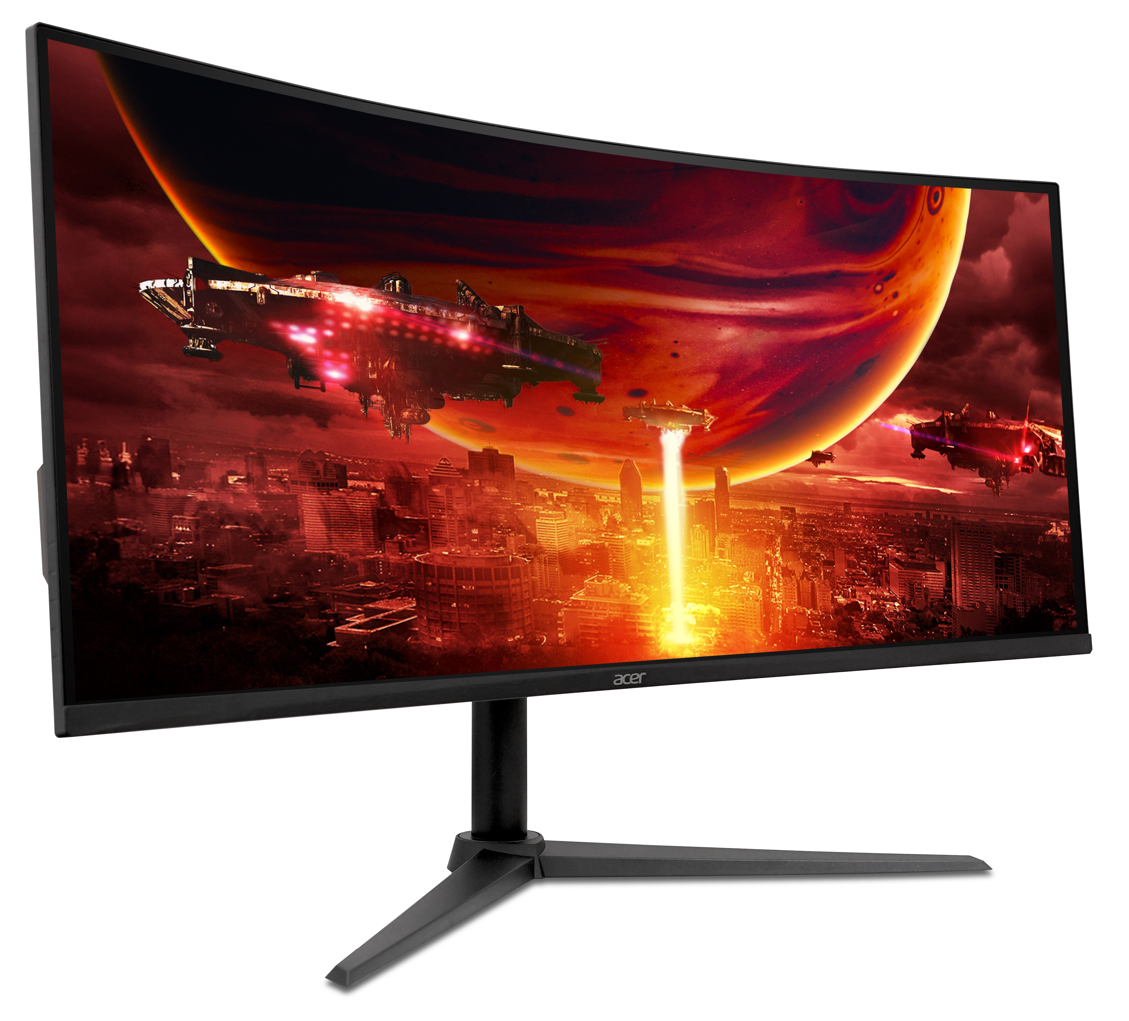 Zakrzywiony monitor Acer wyświetla krajobraz science-fiction z statkami kosmicznymi, czerwonym niebem i pomarańczową planetą.