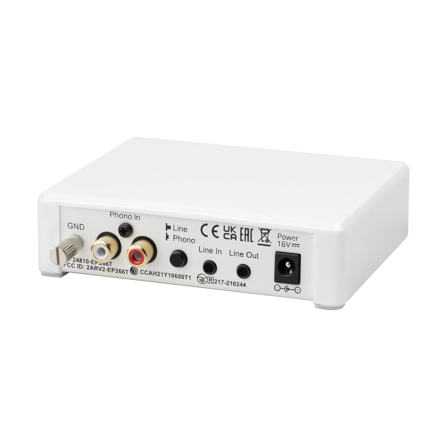 Un dispositivo audio bianco con varie porte di ingresso/uscita etichettate come 'Phono In', 'Line In/Out' e 'Power 18V='.