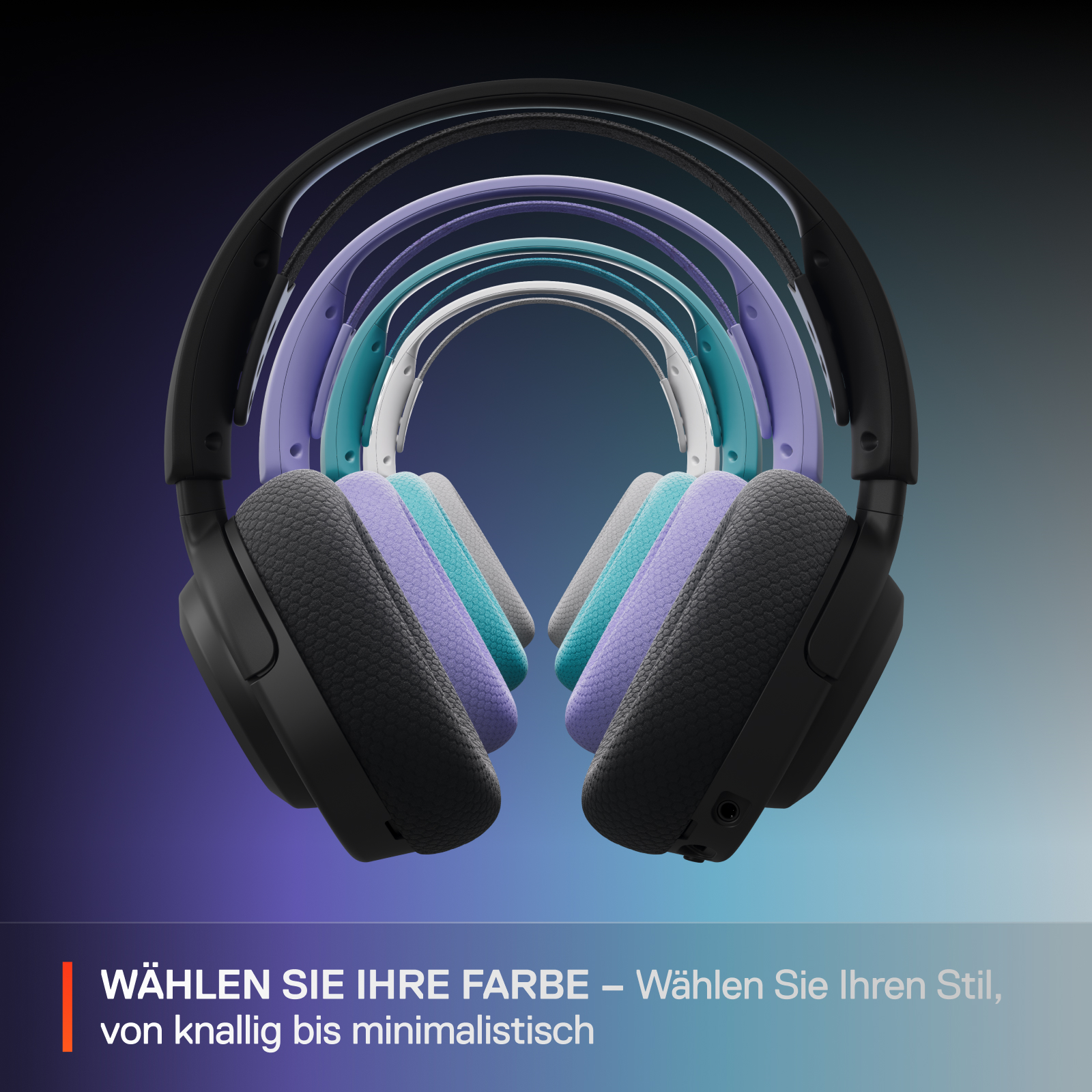 Kopfhörer in verschiedenen Farben. Schwarz, Lila, Türkis, Weiß und Grau. Der Text lautet: Wähle deine Farbe.