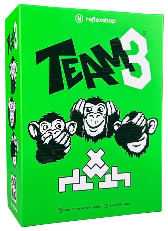 Zöld doboz 'Team 3' szöveggel és majom grafikákkal, reflexshop logóval. Tartalmazza Alex Cutler, Matt Fantastic és Reinis Petersons neveit.