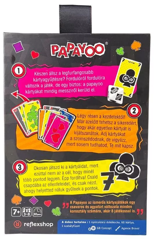 Papayoo kártyajáték doboza. Játékrészleteket, kártyákat, dobókockát és útmutatókat mutat. A háttér fekete, színes szöveggel.