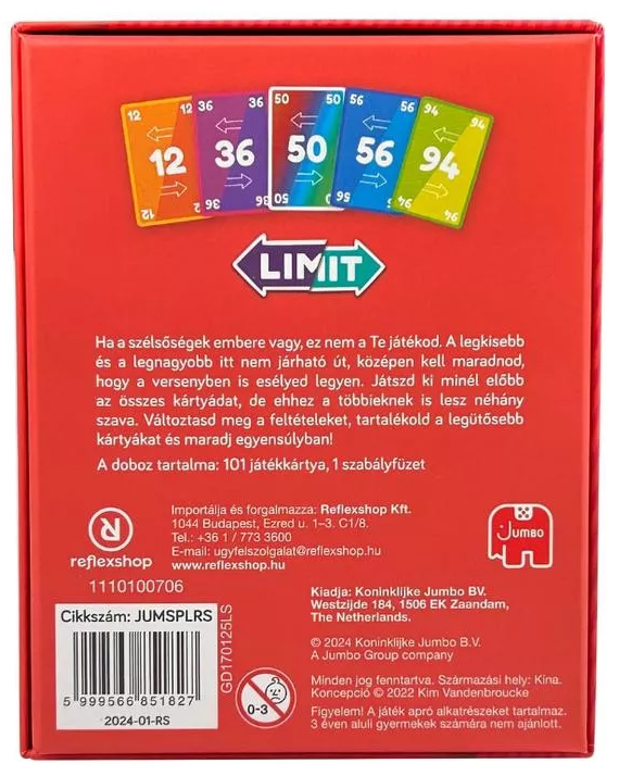 Doboz kártyákkal, számokkal. Piros háttér. Magyar szöveg. Jumbo logó. Kártyák 12,36,50,56,94 számokkal.