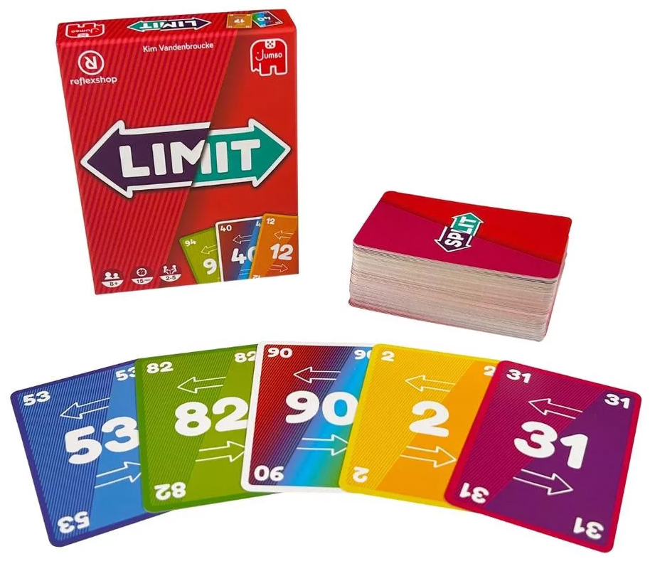 A 'Limit' kártyajáték piros dobozban, számokat és nyilakat ábrázoló kártyákkal. Egy pakli és egyes kártyák is láthatók.
